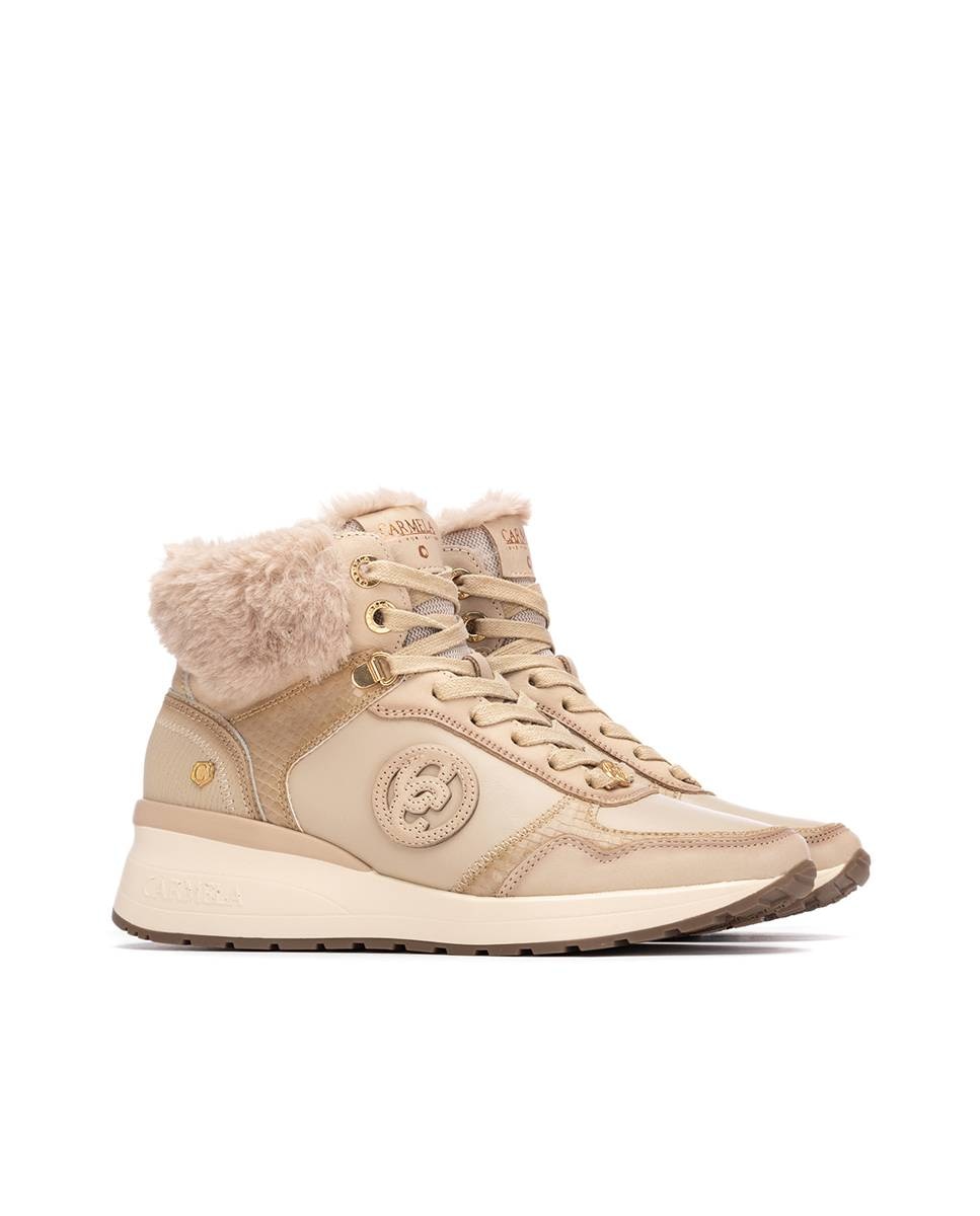 Botins com Pelo e Fecho Zip de Pele Bege-5