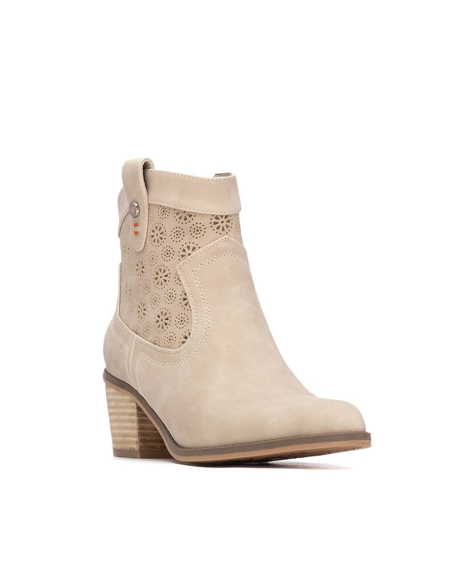 Botins Básicos com Tacão Estilo Cowboy Bege-2