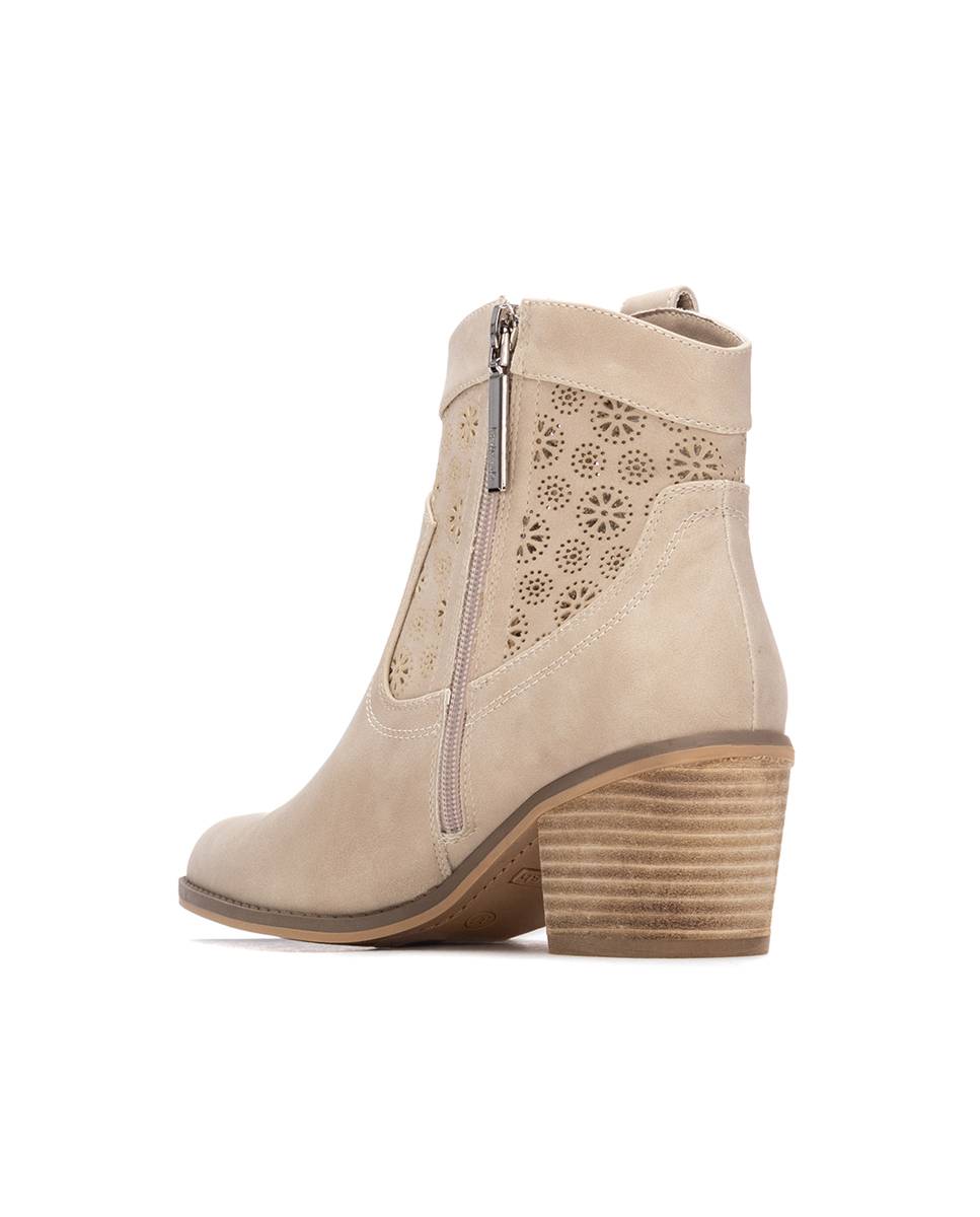 Botins Básicos com Tacão Estilo Cowboy Bege-3