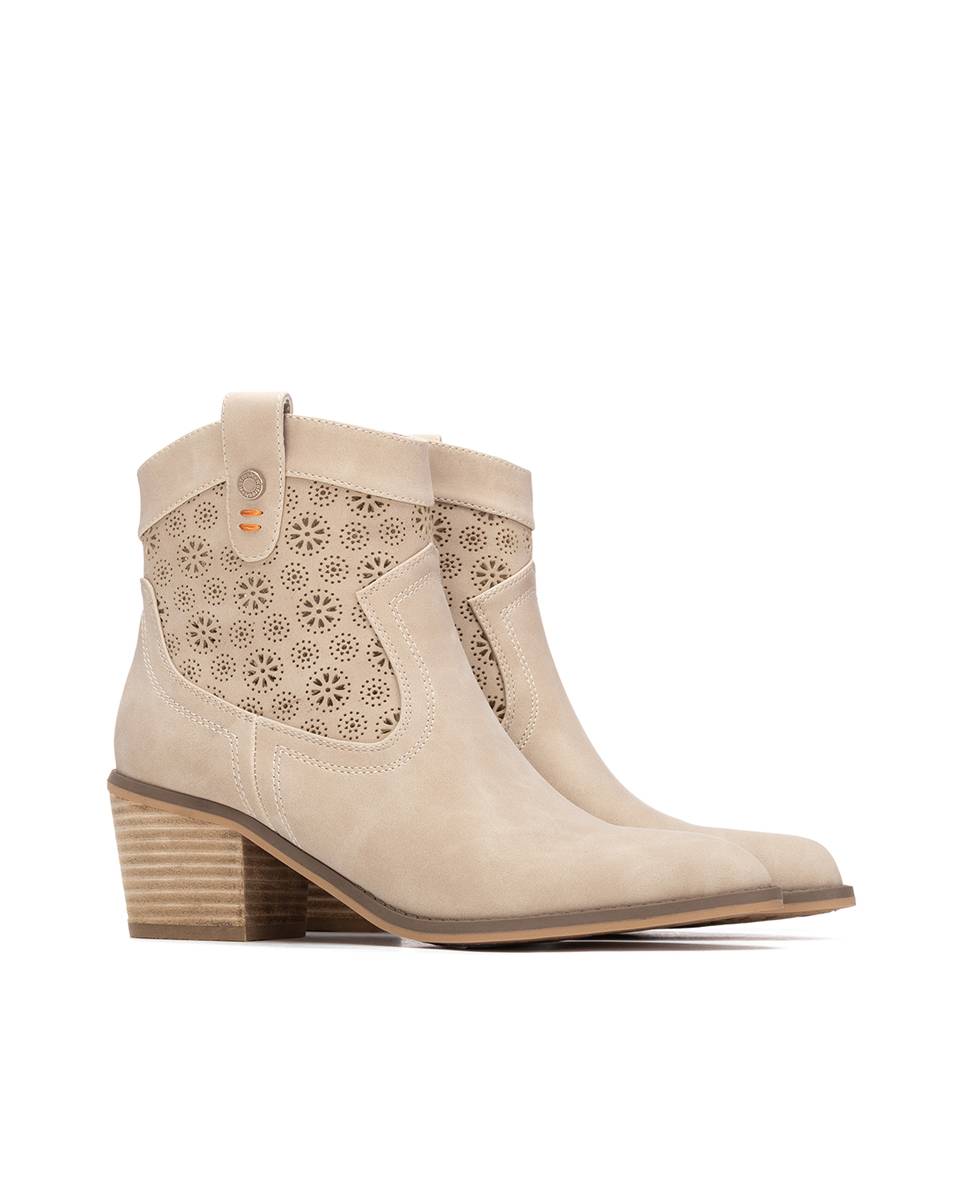 Botins Básicos com Tacão Estilo Cowboy Bege-4