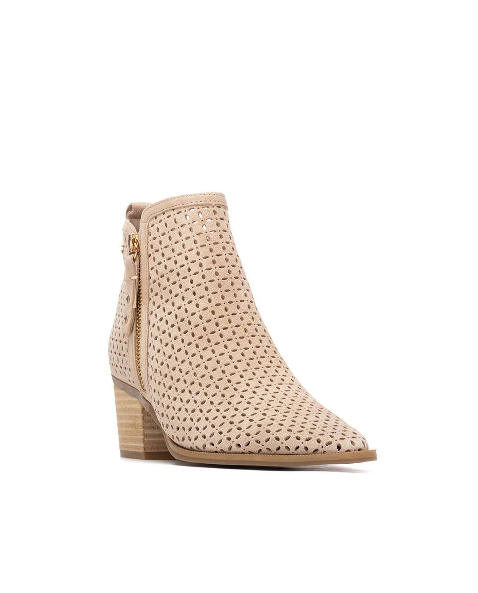 Botins Cowboy de Pele Perfurada com Fecho Zip Bege-2