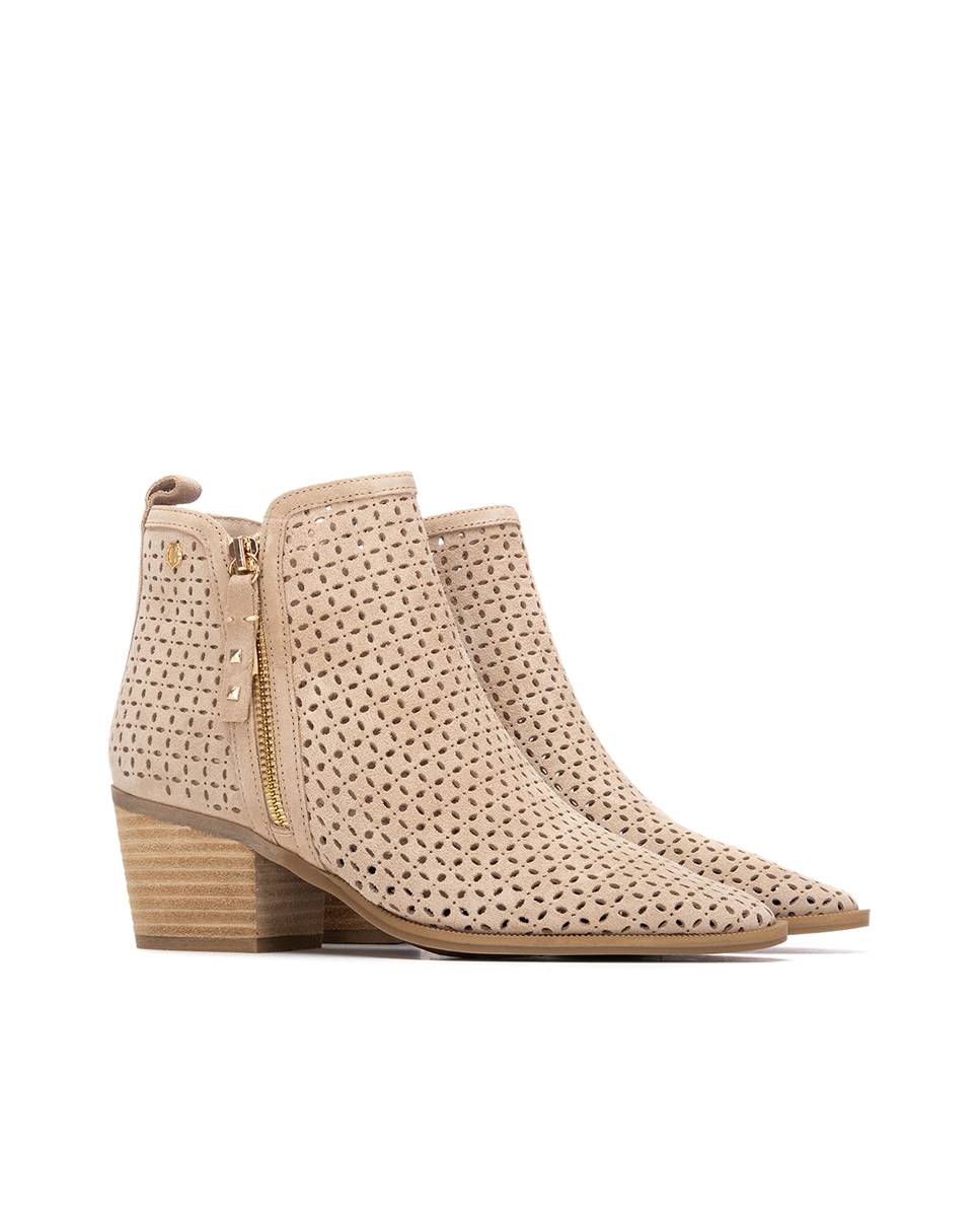 Botins Cowboy de Pele Perfurada com Fecho Zip Bege-4