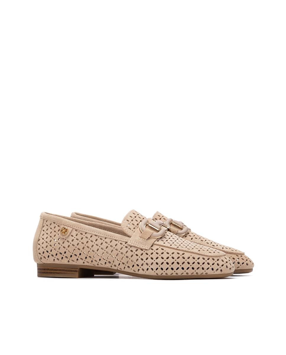 Mocassins Rasos de Pele com Corrente Decorativa Bege-5