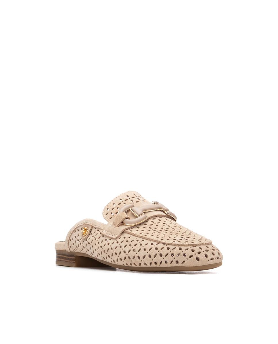 Mules Rasos de Pele Perfurada Bege-3