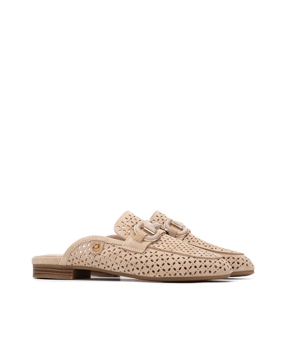 Mules Rasos de Pele Perfurada Bege-5