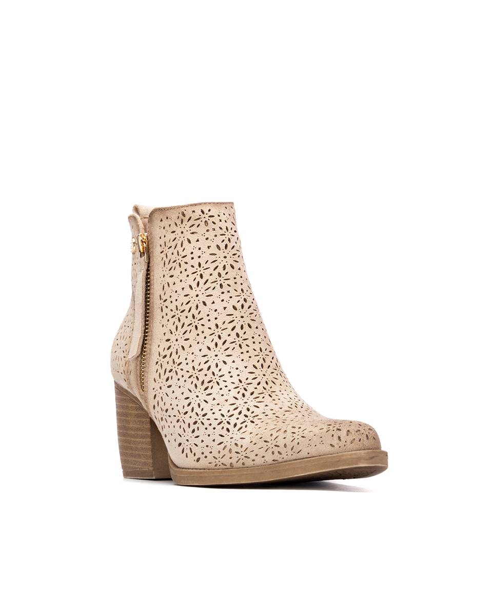 Botins Básicos com Salto e Fecho Zip Bege-2