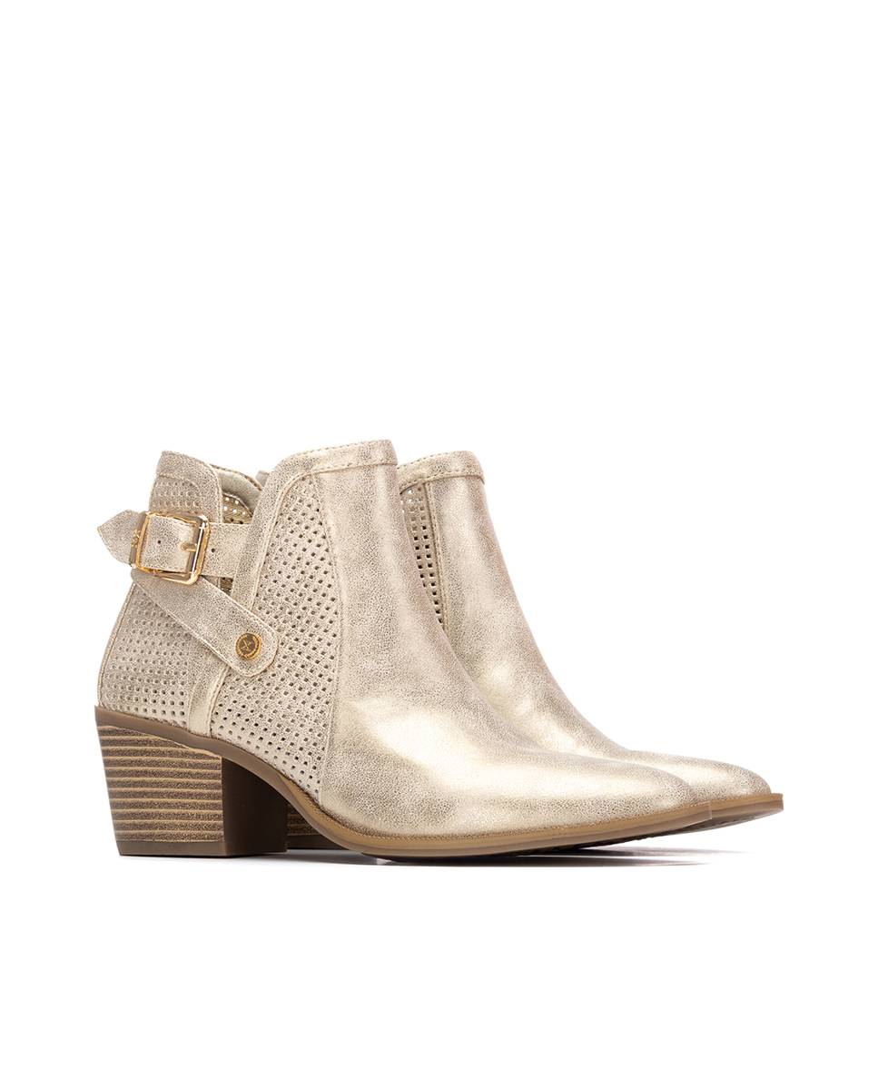 Botins Básicos com Salto e Fecho Zip Ouro-4