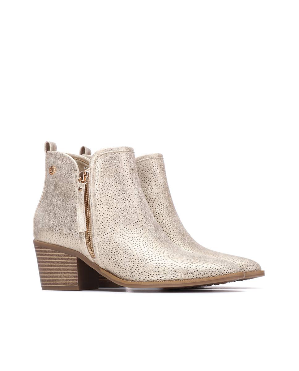 Botins Básicos com Salto e Fecho Zip Ouro-4