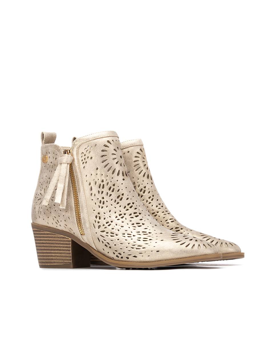 Botins Básicos com Salto e Fecho Zip Ouro-4