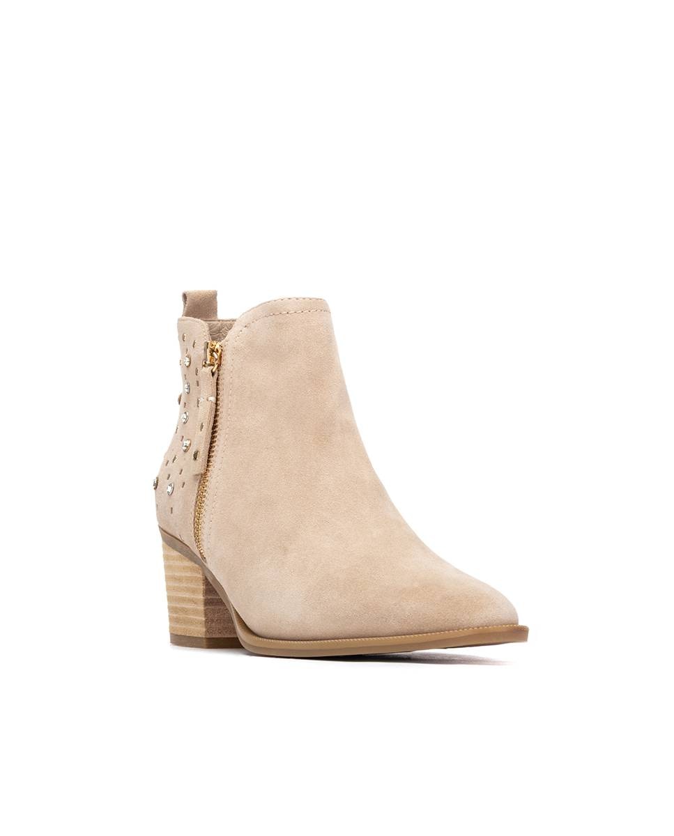 Botins Cowboy de Pele com Fecho Zip Bege-2