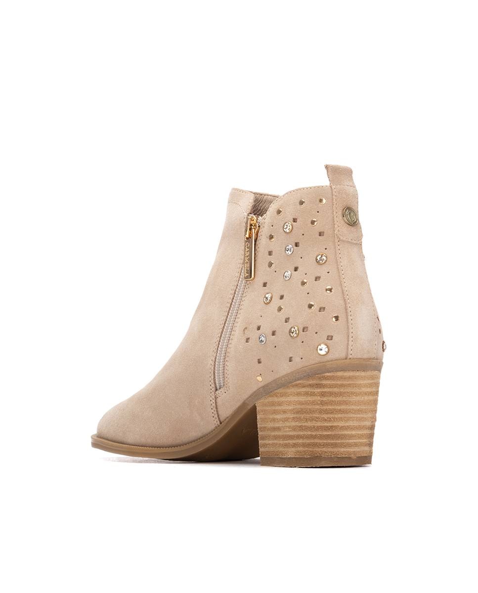 Botins Cowboy de Pele com Fecho Zip Bege-3