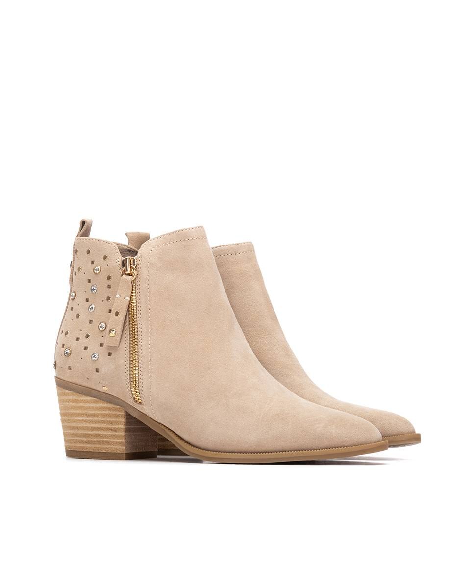 Botins Cowboy de Pele com Fecho Zip Bege-4