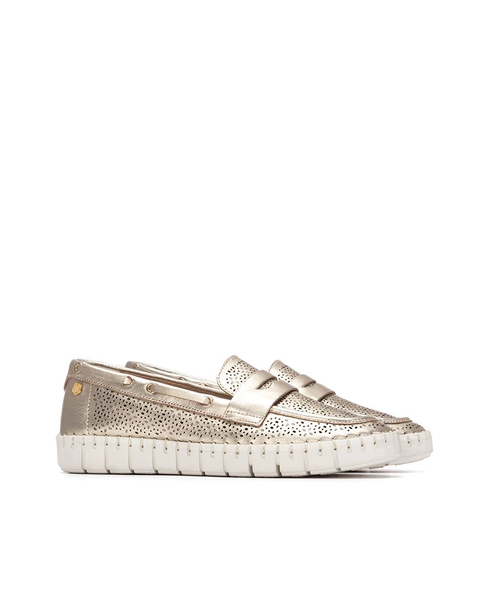 Mocassins Rasos de Pele Ouro-4