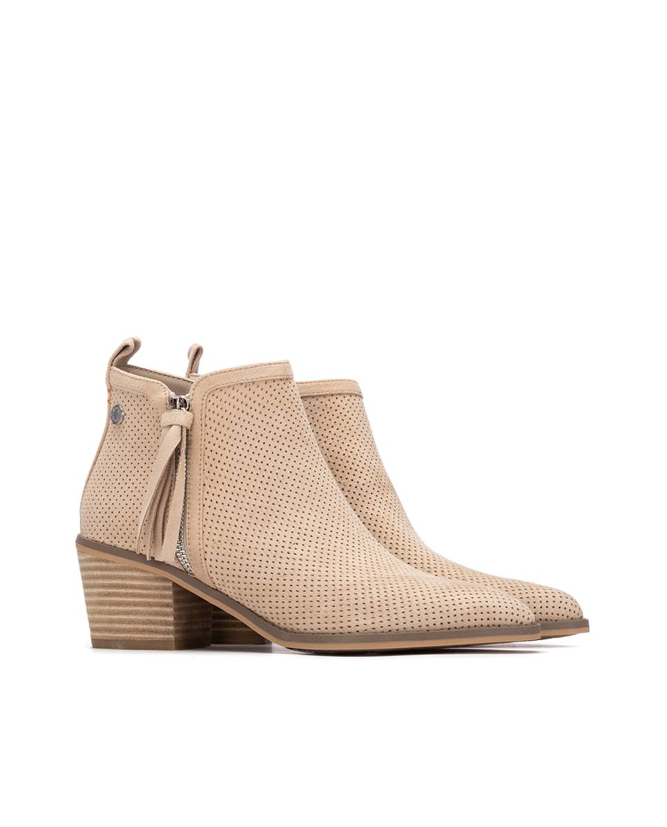 Botins Básicos com Tacão Estilo Cowboy Bege-4