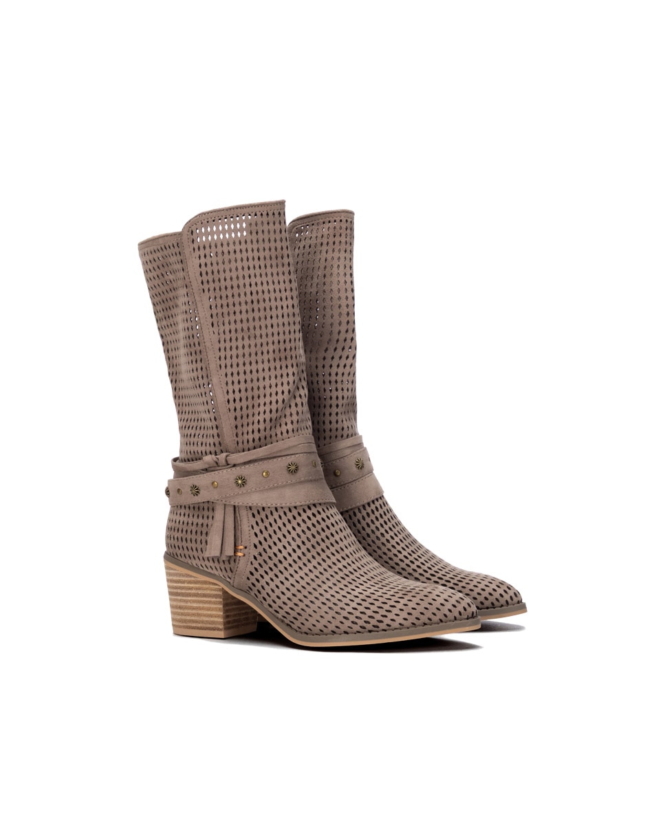 Botas Cowboy com Salto e Fecho Zip Lateral Castanho-4