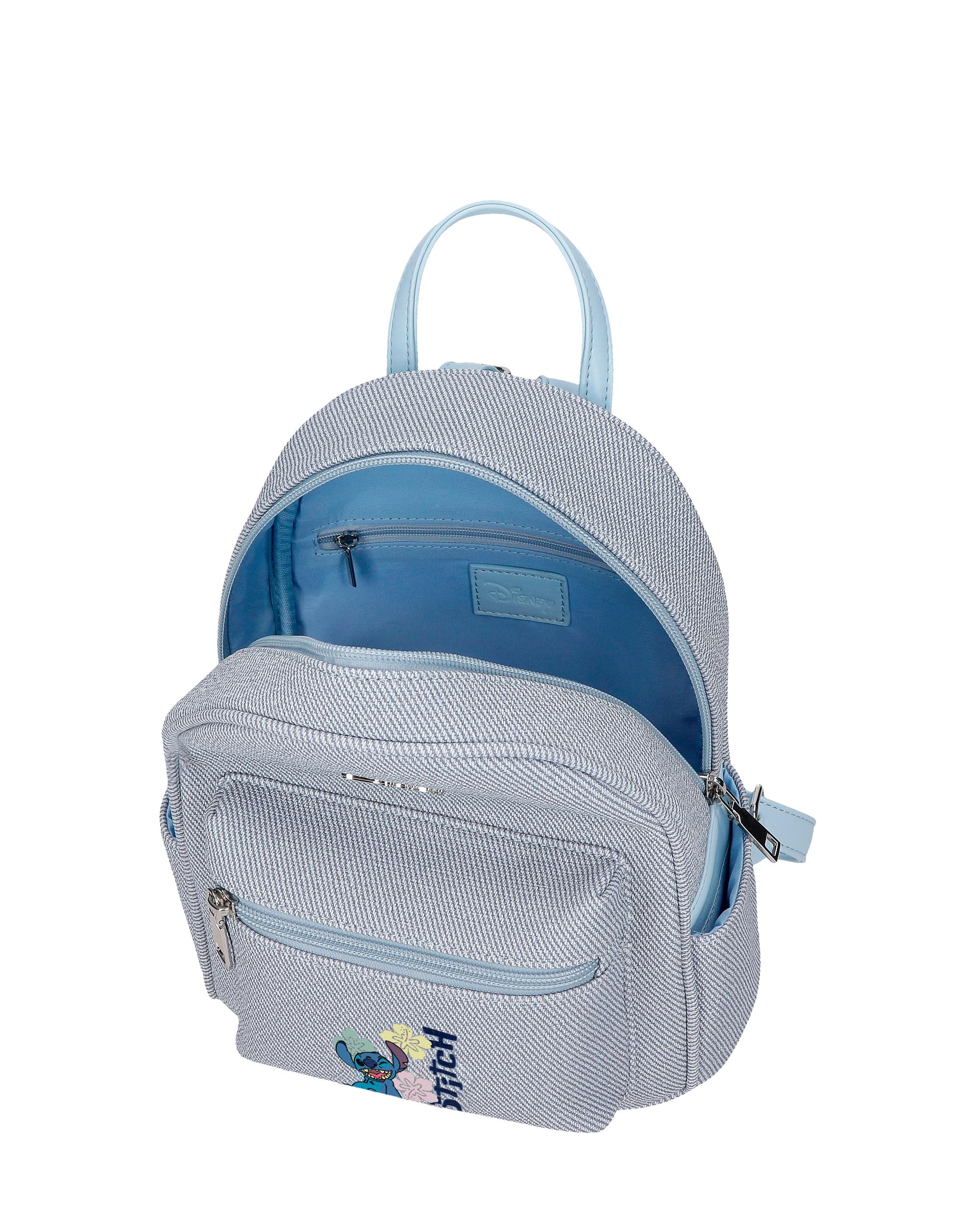 Mochila de Passeio 23 Cm com Bolso Frontal Tiki Stitch Denim Azul-4