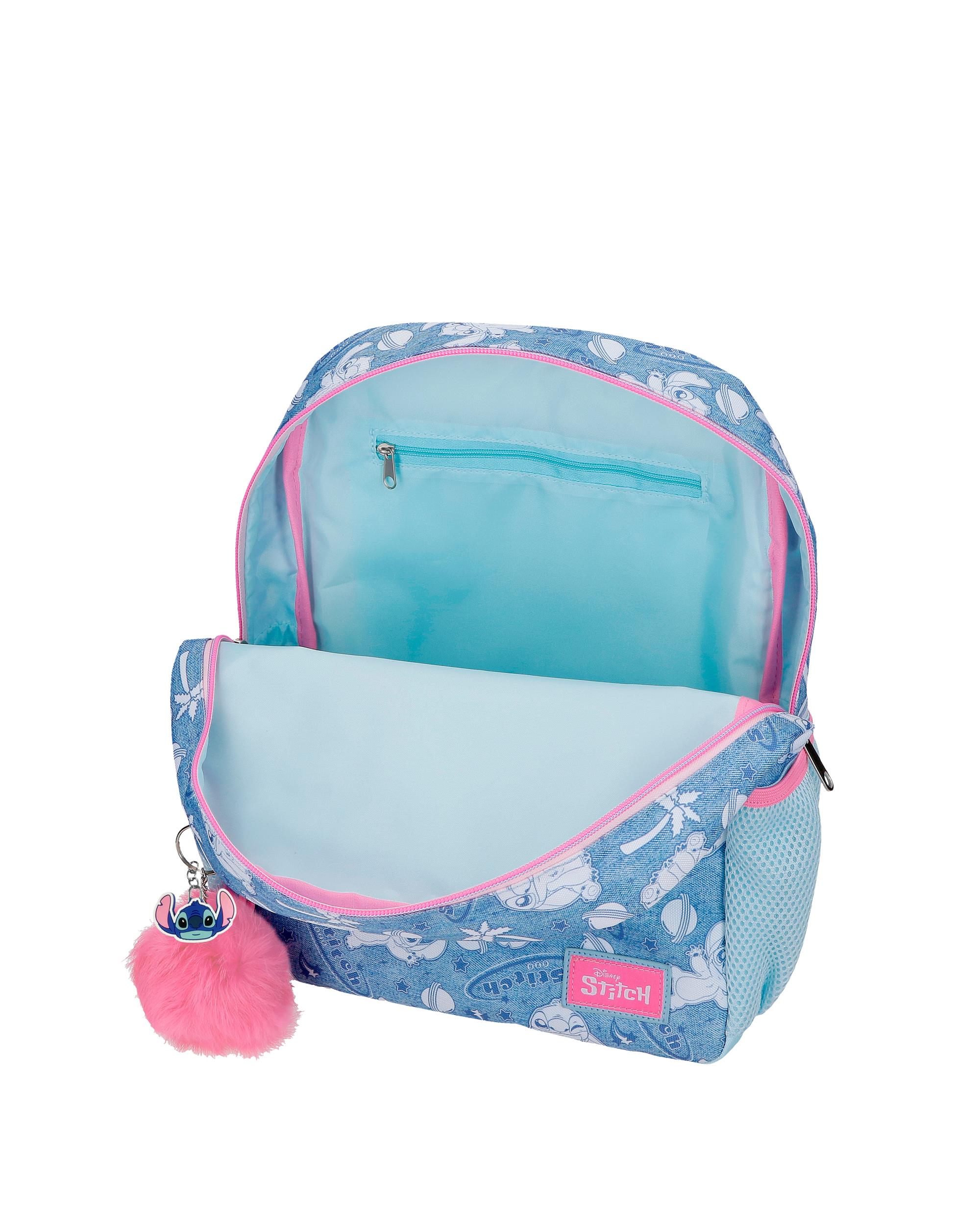 Mochila Escolar Stitch Hearts com Capacidade de 9,8l Adaptável a Carro Denim Azul-4