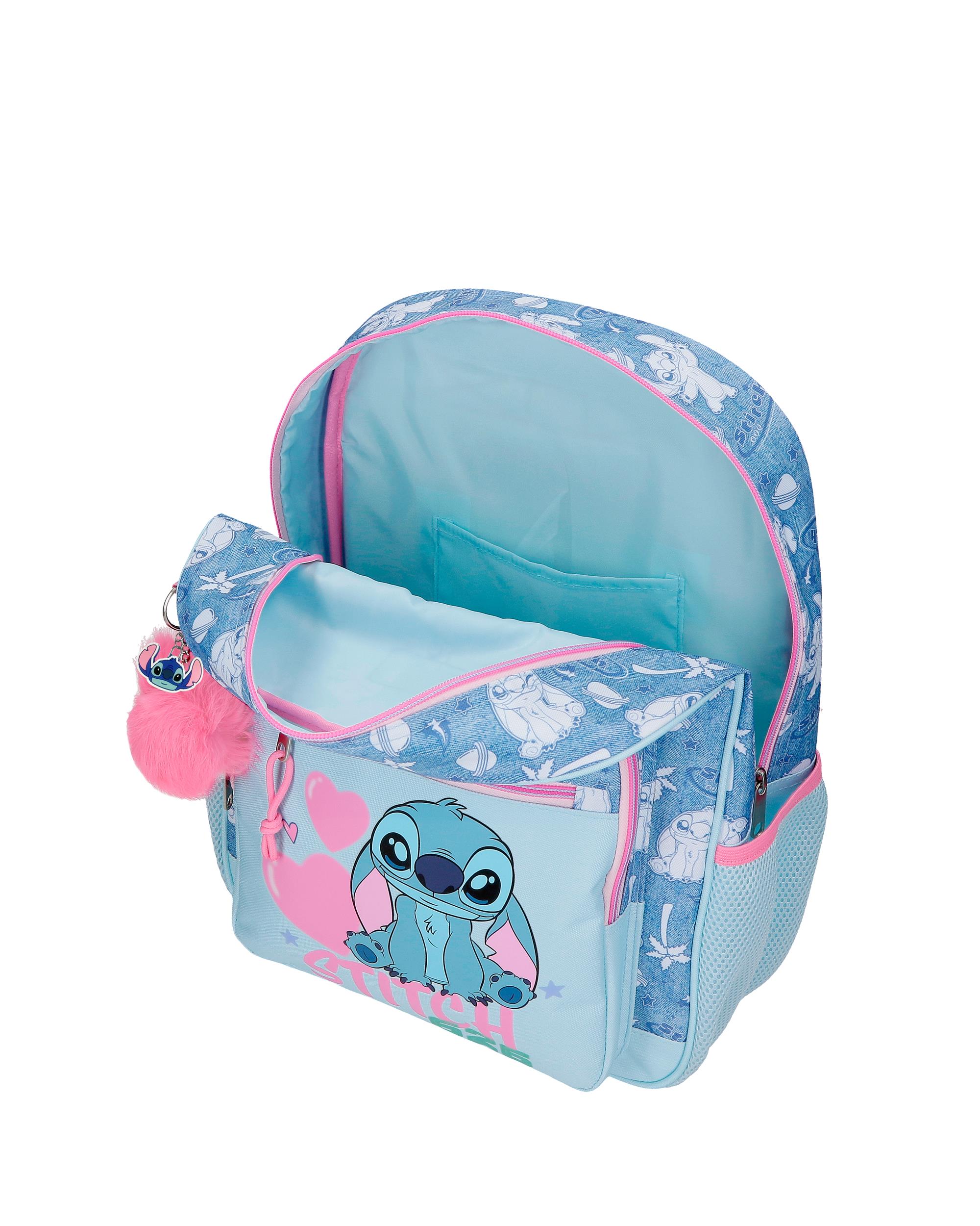 Mochila Escolar Stitch Hearts com Capacidade de 13,68l Adaptável a Carro Denim Azul-4