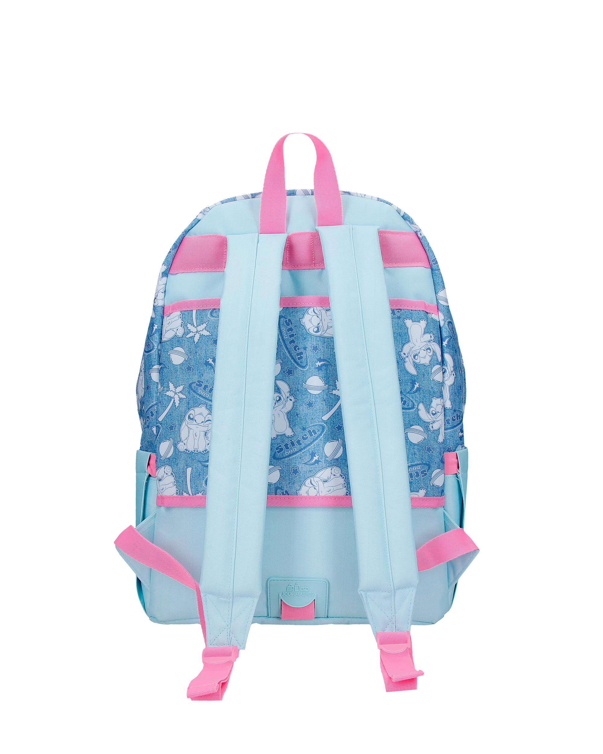 Mochila Escolar Stitch Hearts com Capacidade de 21l Adaptável a Carro Denim Azul-3