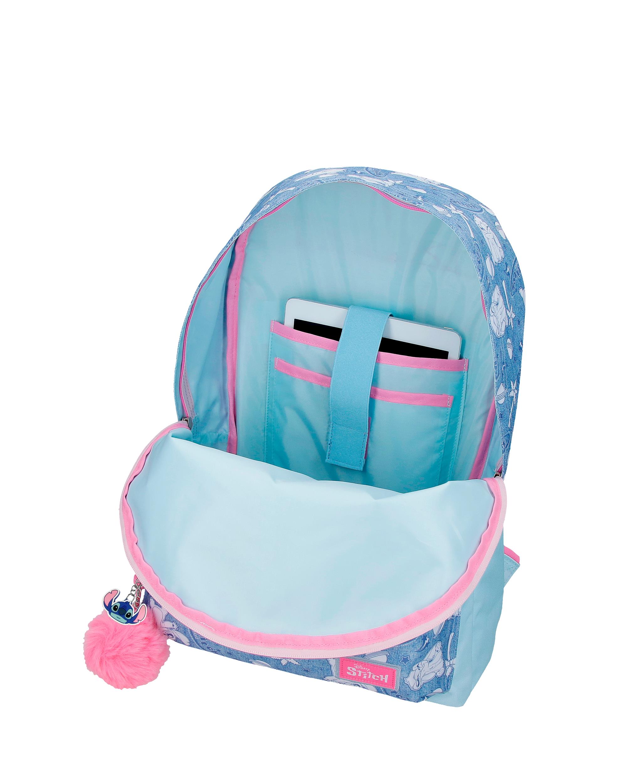 Mochila Escolar Stitch Hearts com Capacidade de 21l Adaptável a Carro Denim Azul-4