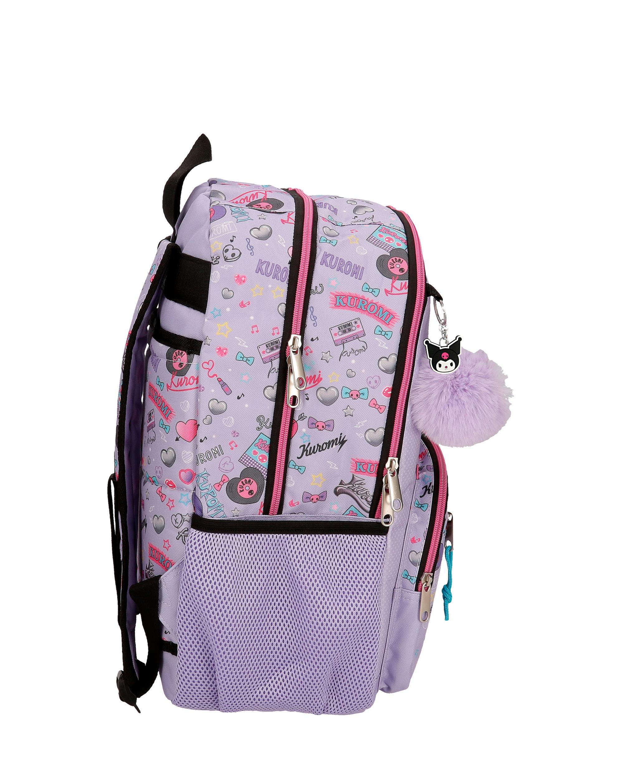 Mochila Escolar de Compartimento Duplo Kuromi Retropop com Capacidade de 24l Adaptável a Carrinho em Roxo Roxo-2