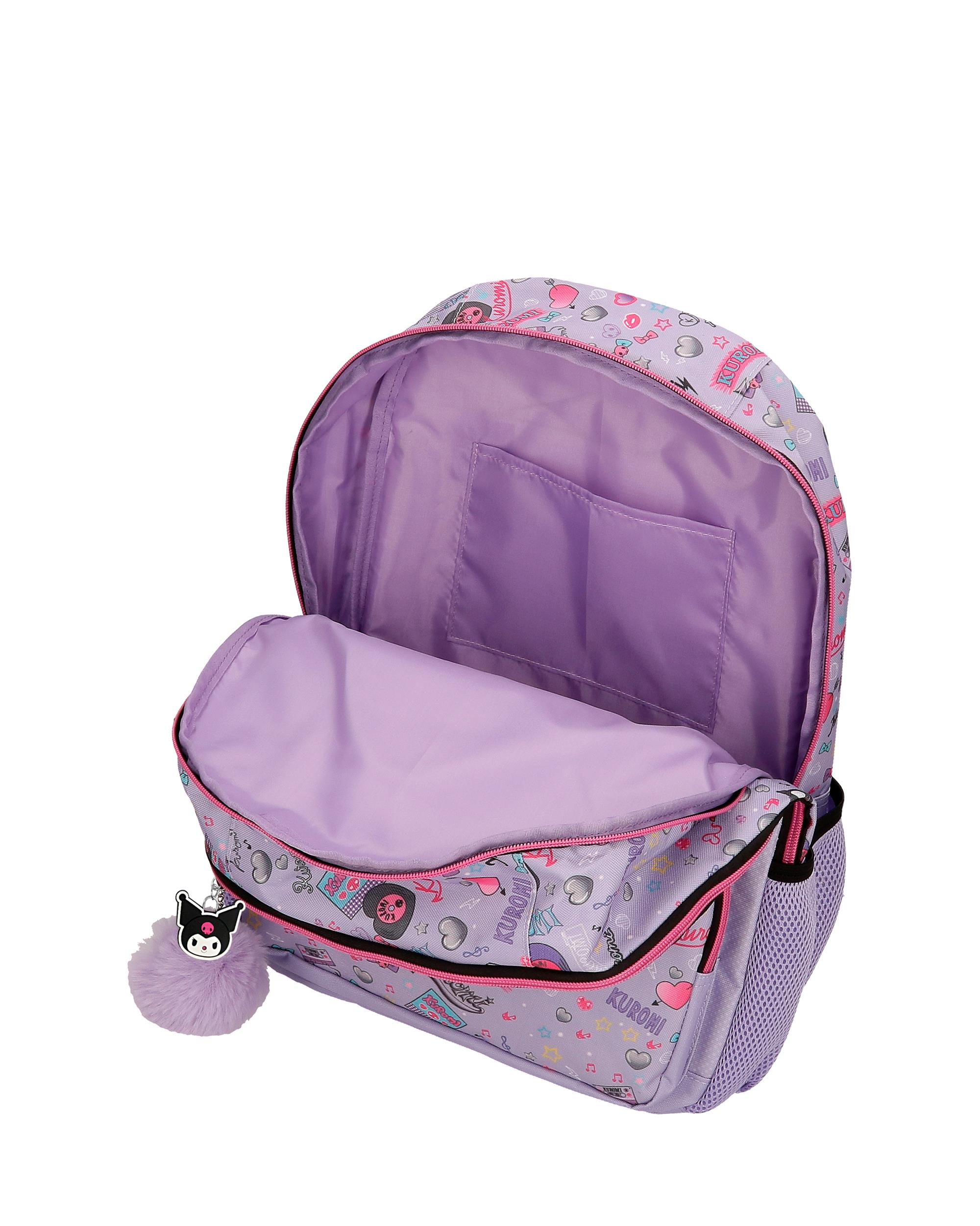 Mochila Escolar de Compartimento Duplo Kuromi Retropop com Capacidade de 24l Adaptável a Carrinho em Roxo Roxo-4