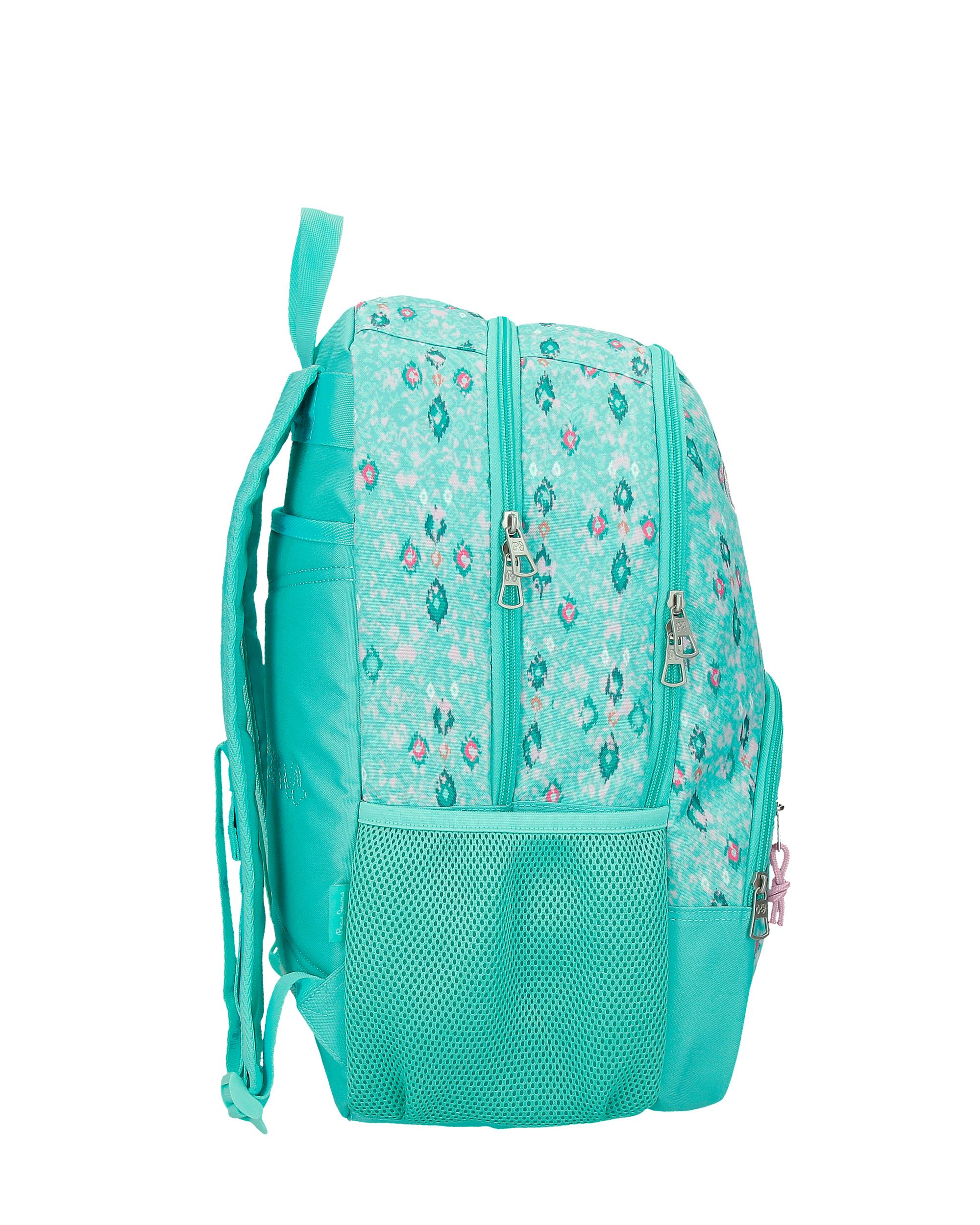 Mochila Escolar 44 Cm Pjl Sun de Dois Compartimentos Adaptável a Carrinho em Turquesa Verde Azul-2