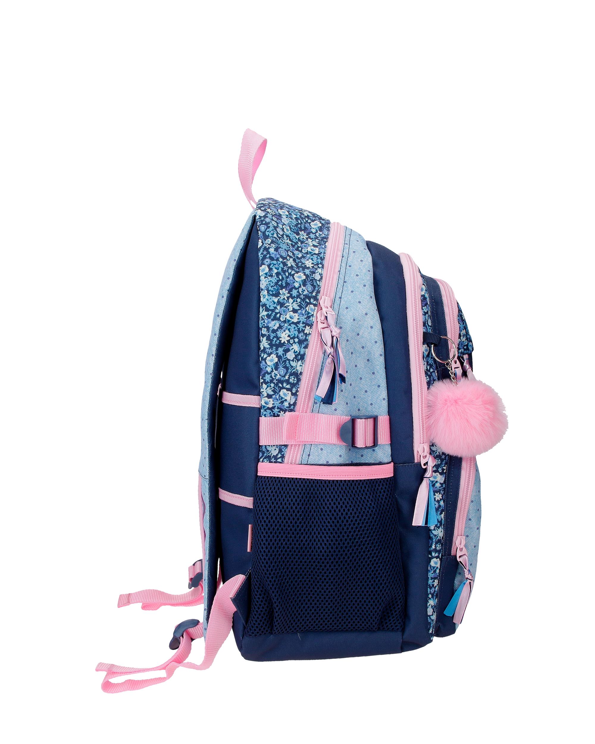 Mochila Escolar de Dois Compartimentos Movom Spring Vibes em Marinho com Capacidade de 27,4l Adaptável a Carrinho em Marinho Azul-2