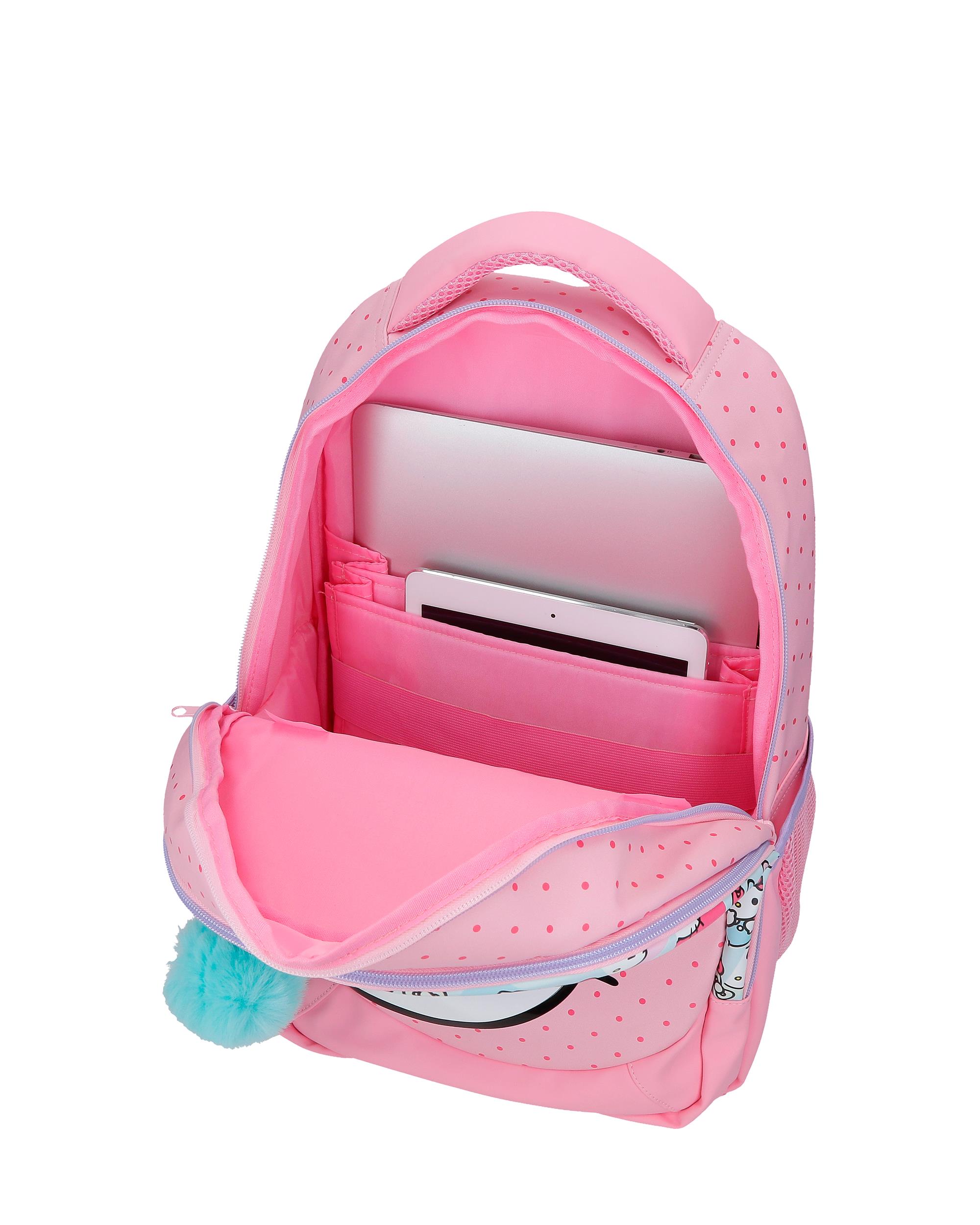 Mochila Escolar Três Compartimentos Hello Kitty Bows com Capacidade de 16,5l Adaptável a Carro em Rosa Rosa-4