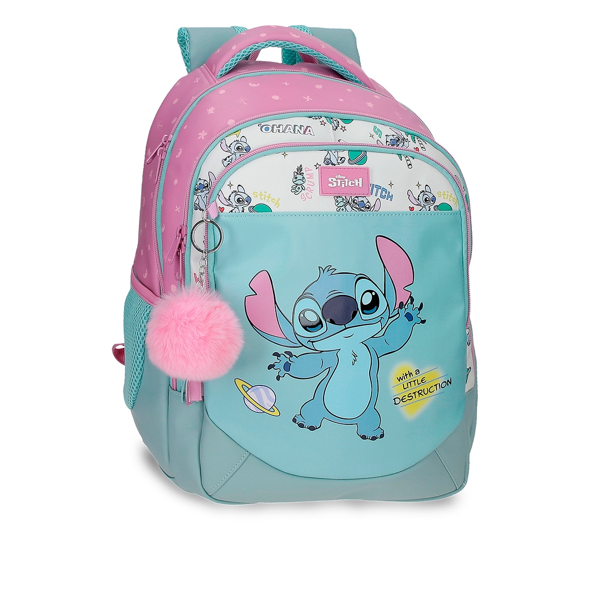 Imagem 0 de Mochila Escolar Três Compartimentos Stitch Little Destruction com Capacidade de 16,5l Adaptável a Carro em Turquesa Verde