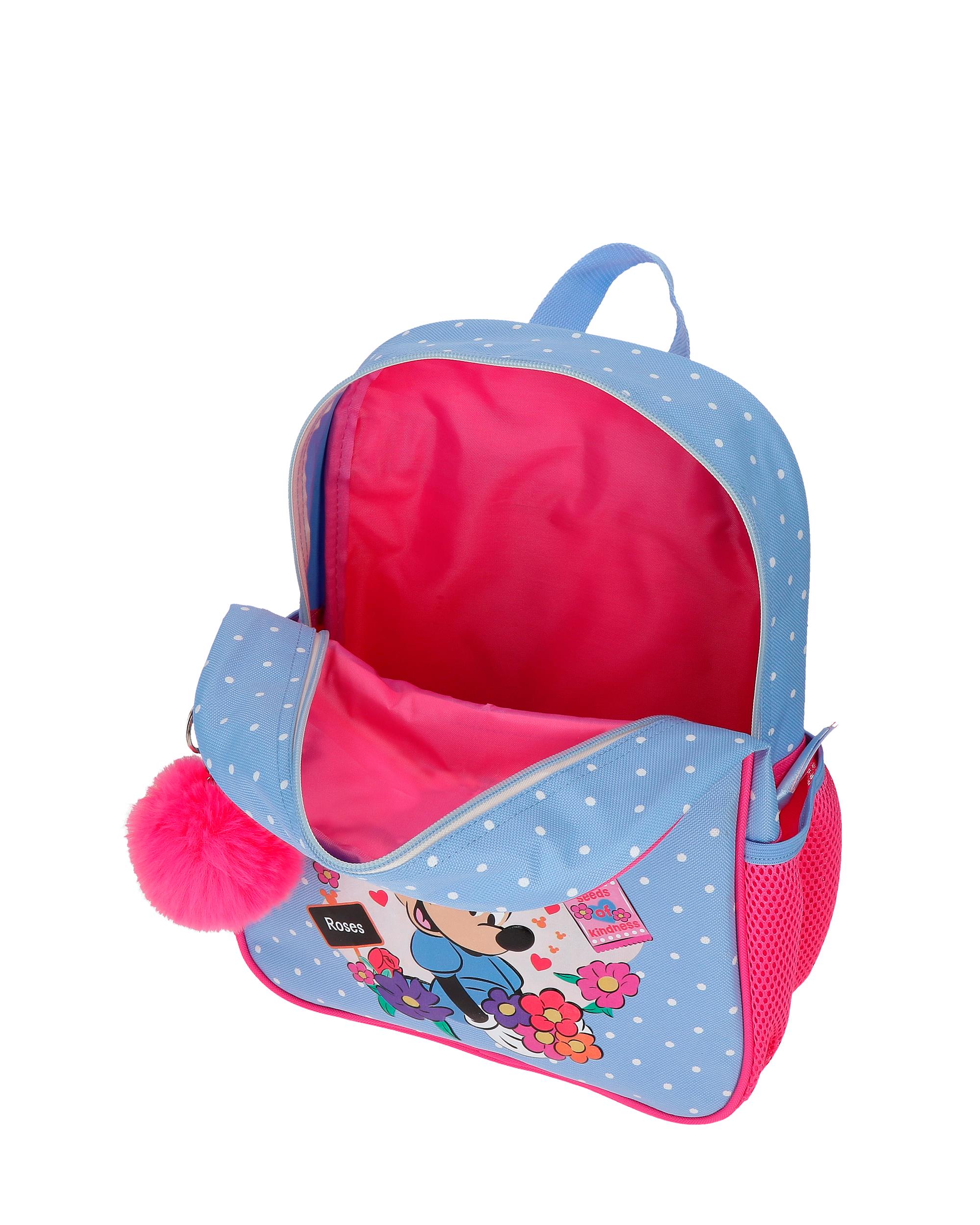 Mochila Escolar Minnie Flowers com Capacidade de 9,801l Adaptável a Carrinho em Azul-claro Azul-4