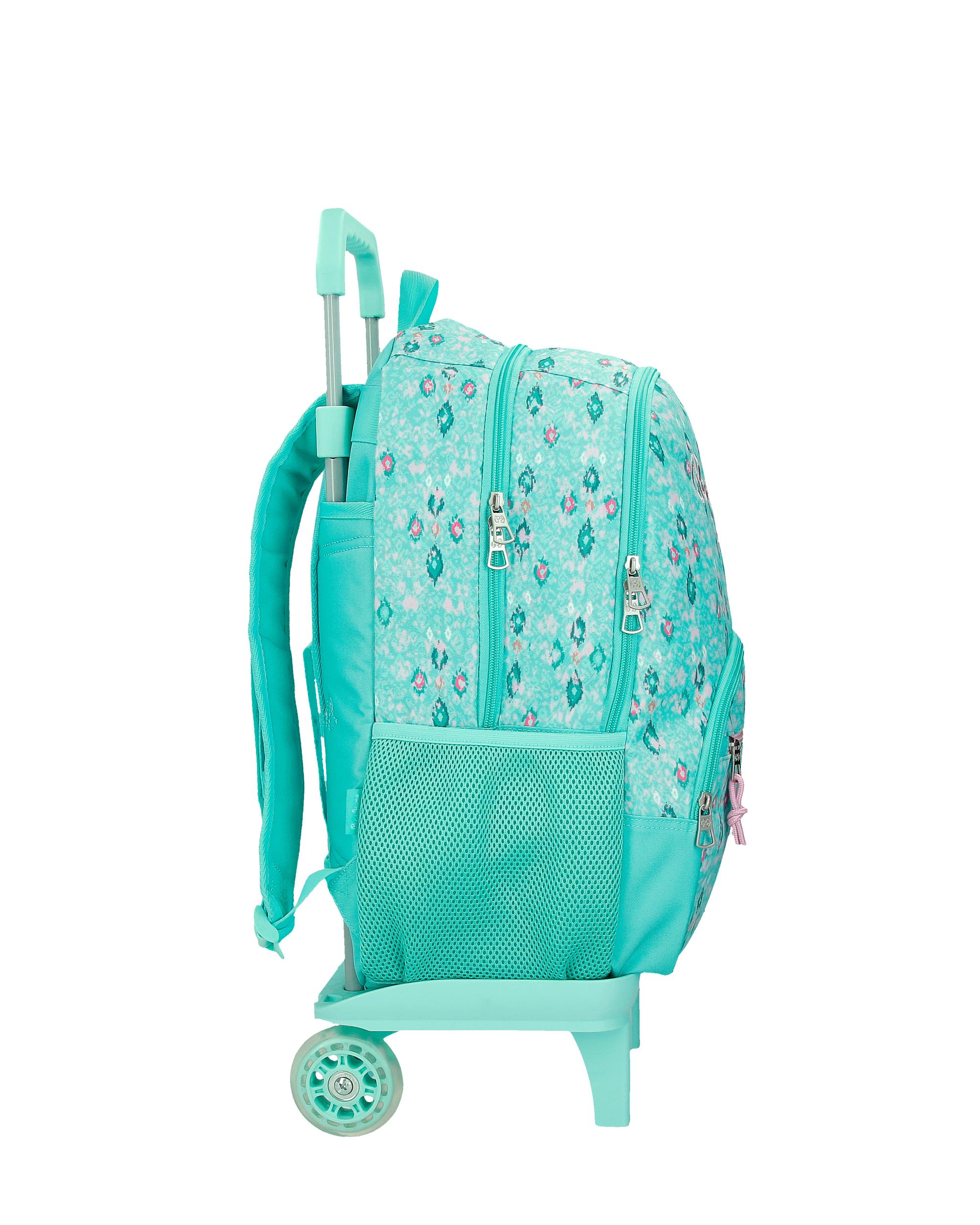 Mochila Escolar 44 Cm Pjl Sun de Dois Compartimentos com Carrinho em Turquesa Verde Azul-2