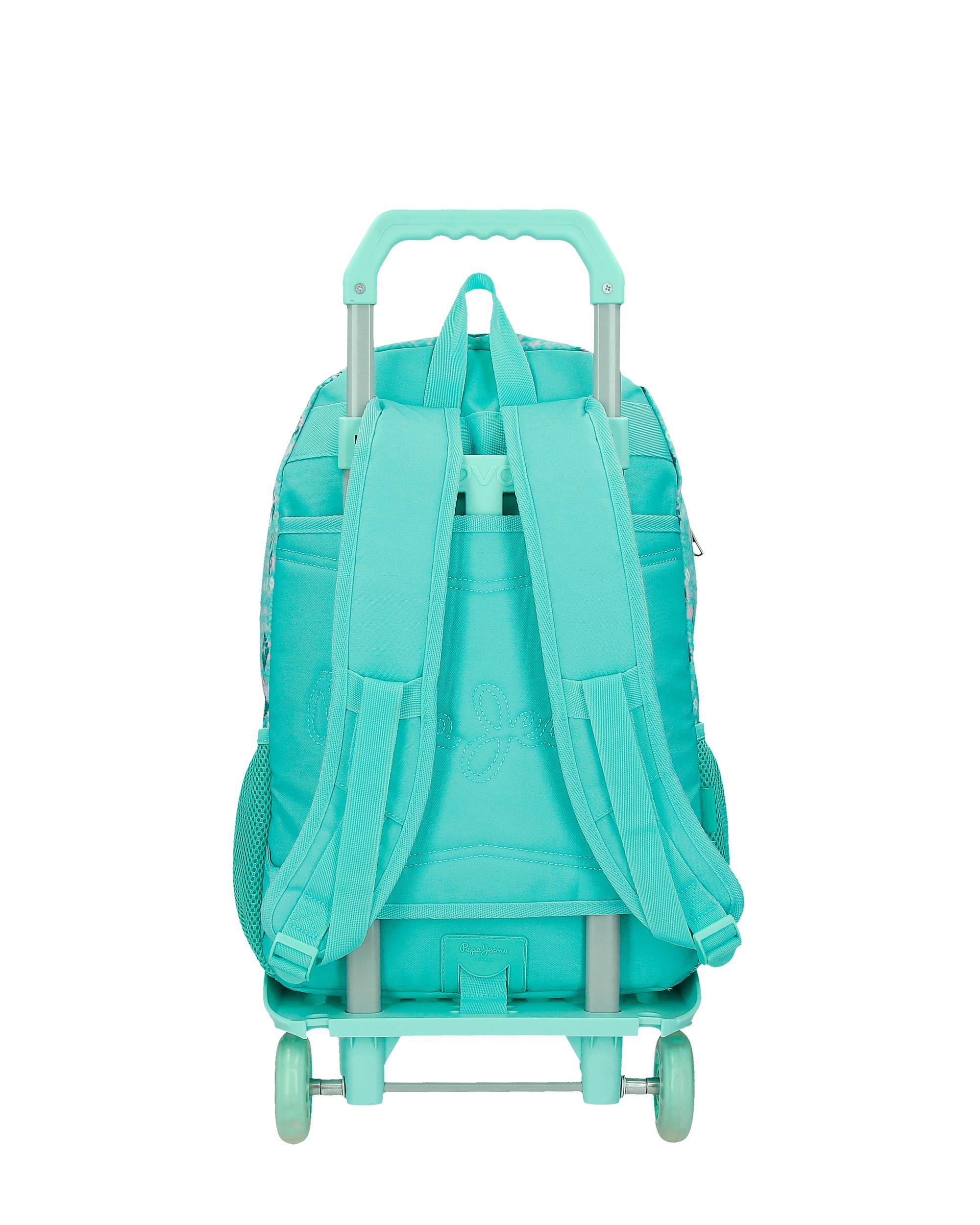 Mochila Escolar 44 Cm Pjl Sun de Dois Compartimentos com Carrinho em Turquesa Verde Azul-3