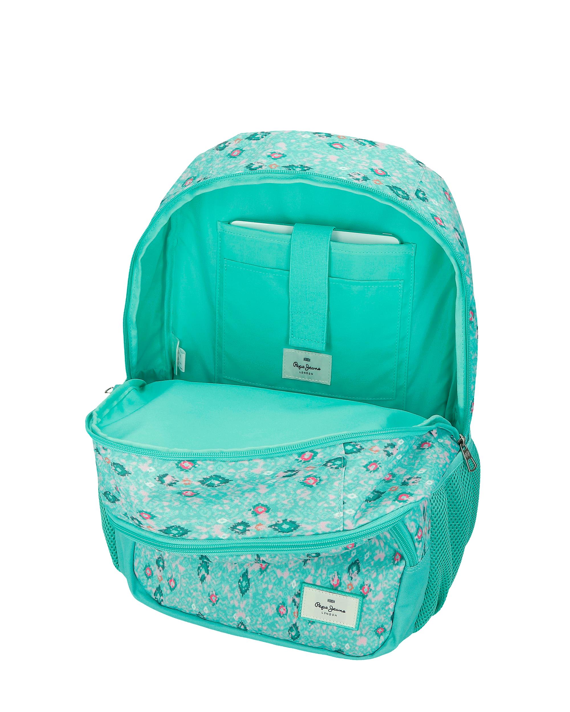 Mochila Escolar 44 Cm Pjl Sun de Dois Compartimentos com Carrinho em Turquesa Verde Azul-4