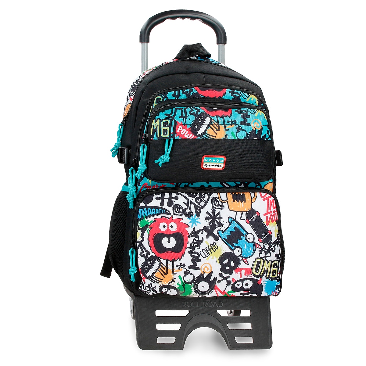 Imagem 0 de Mochila Escolar de Dois Compartimentos Movom Monsters em Preto com Capacidade de 27,4l com Trolley em Preto