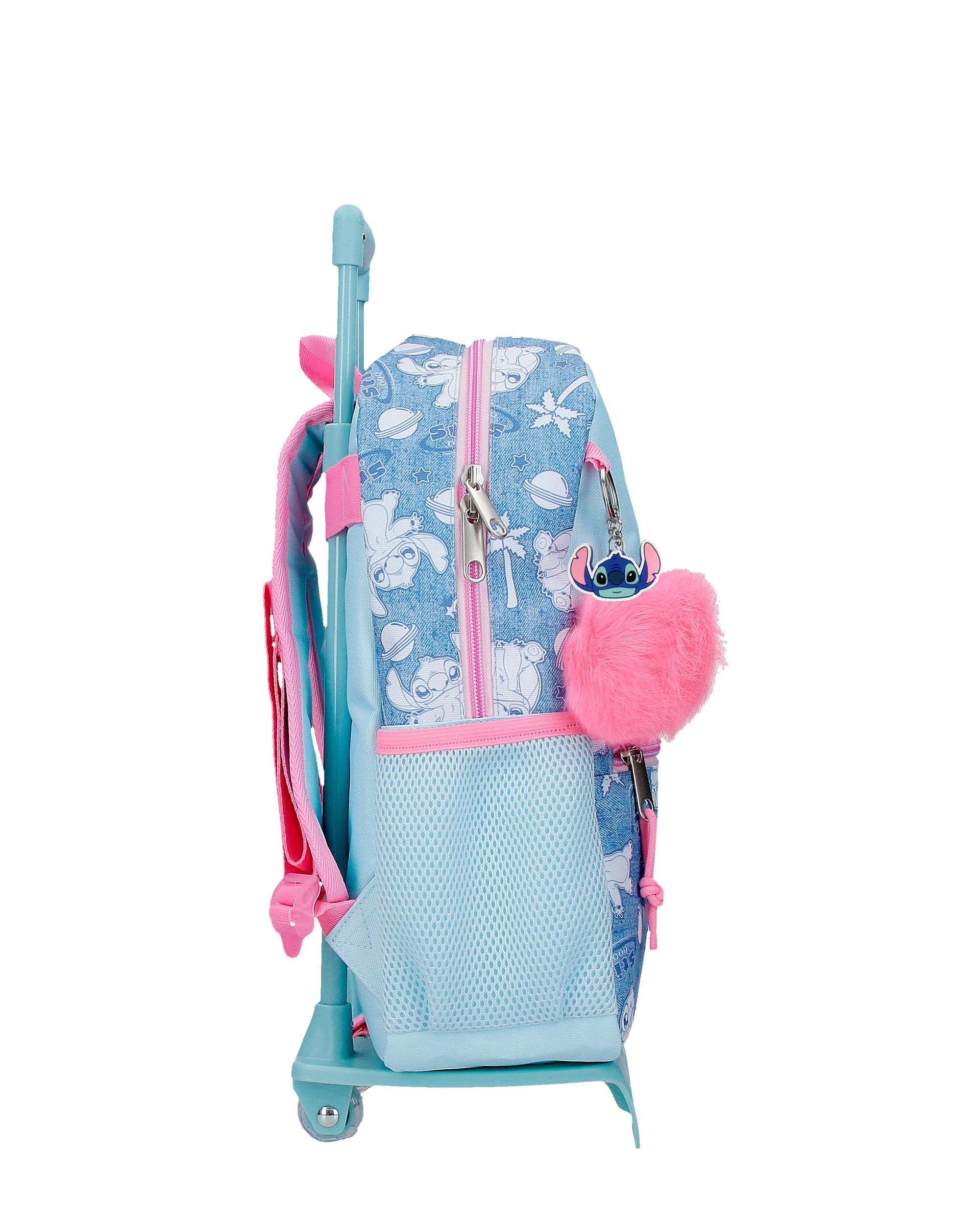 Mochila Escolar Stitch Hearts com Capacidade de 9,8l com Carro Denim Azul-2
