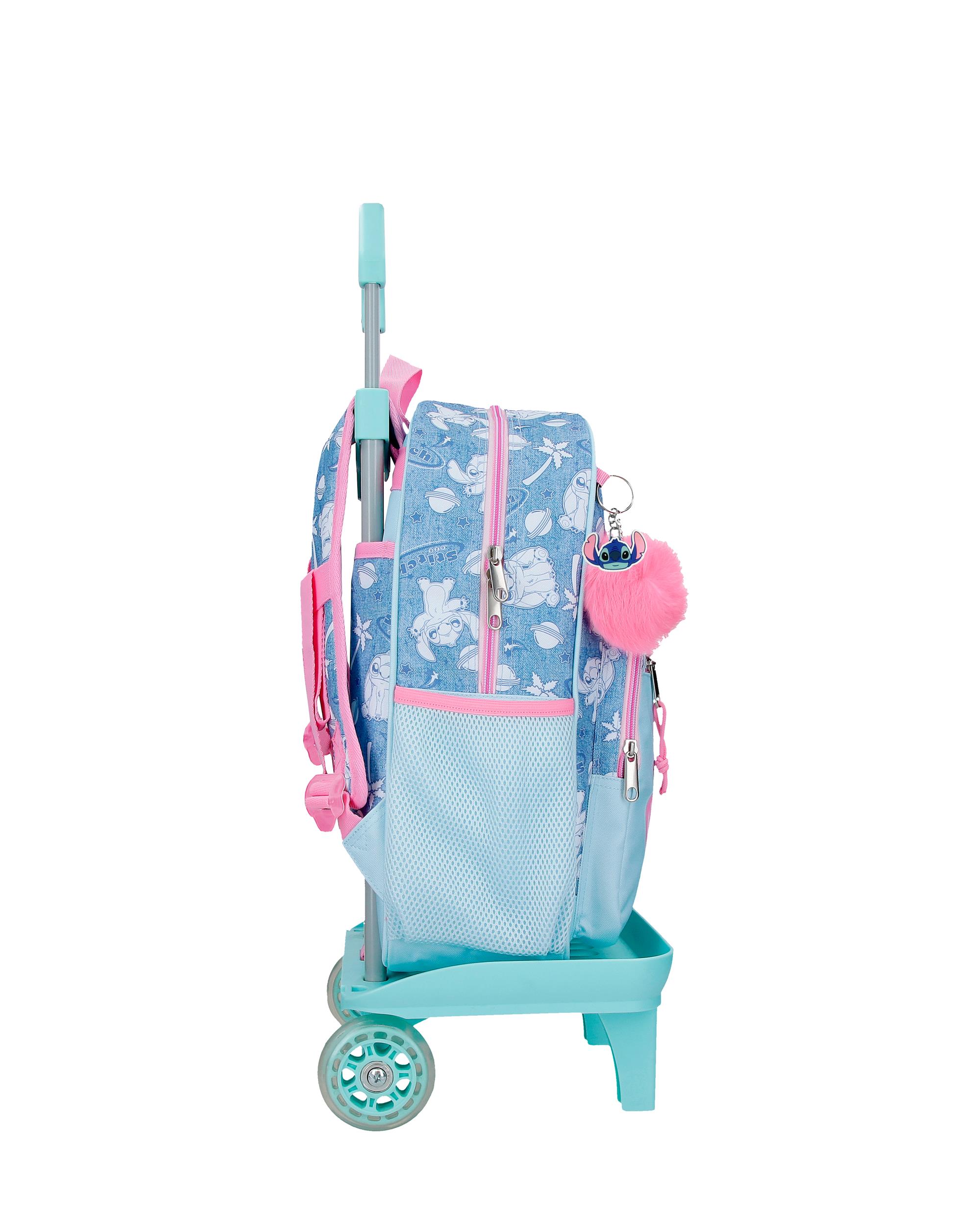 Mochila Escolar Stitch Hearts com Capacidade de 13,68l com Carro Denim Azul-2