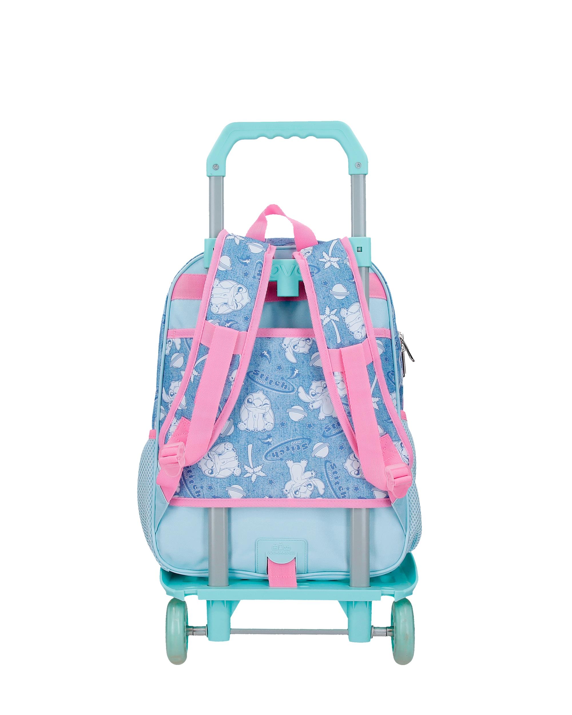 Mochila Escolar Stitch Hearts com Capacidade de 13,68l com Carro Denim Azul-3