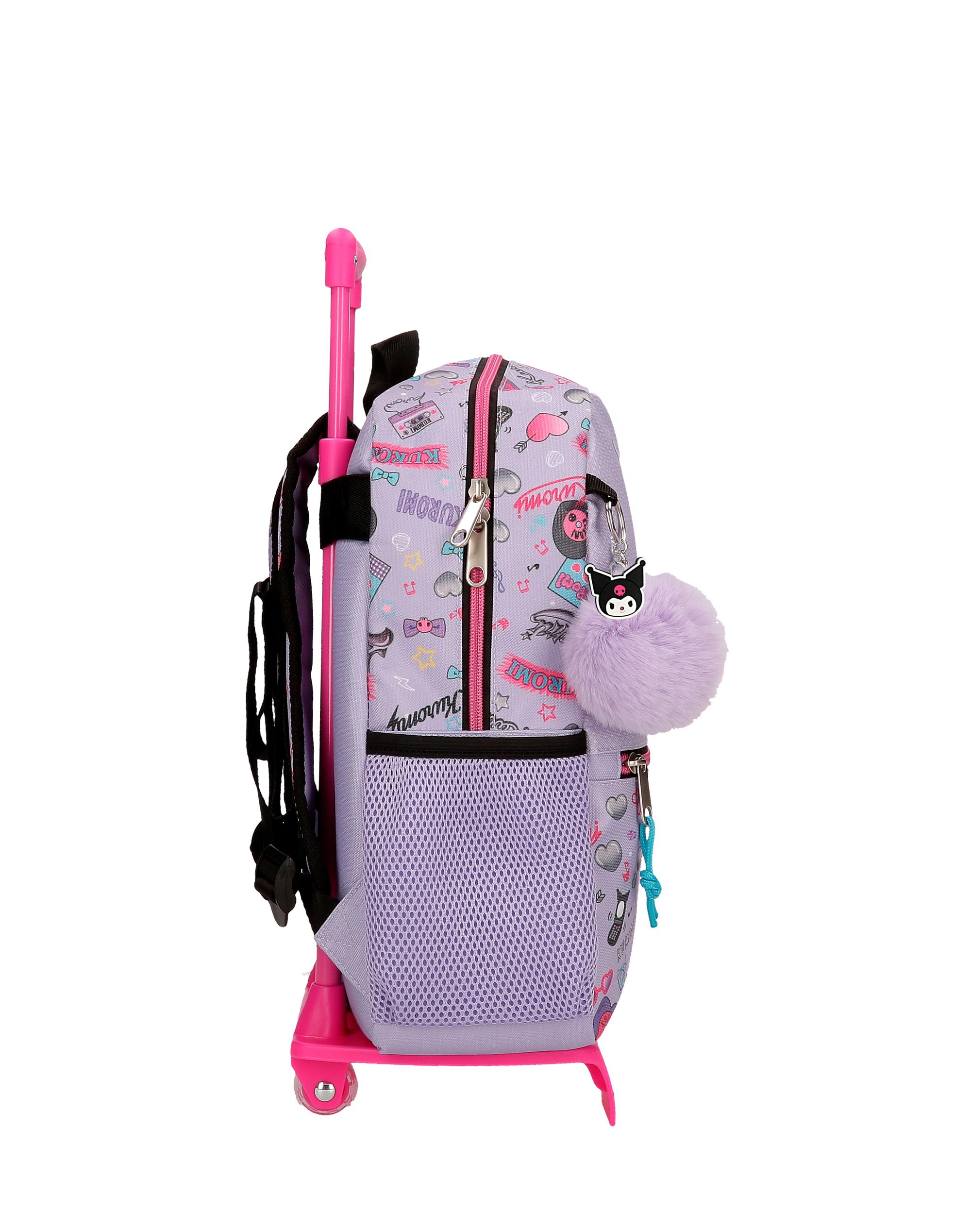 Mochila Escolar Kuromi Retropop com Capacidade de 9,801l com Carro em Roxo Roxo-2