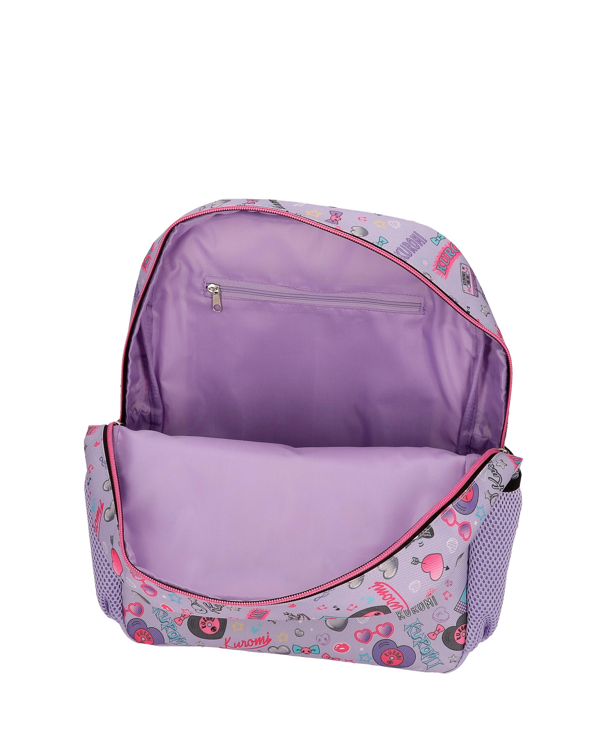 Mochila Escolar Kuromi Retropop com Capacidade de 9,801l com Carro em Roxo Roxo-4