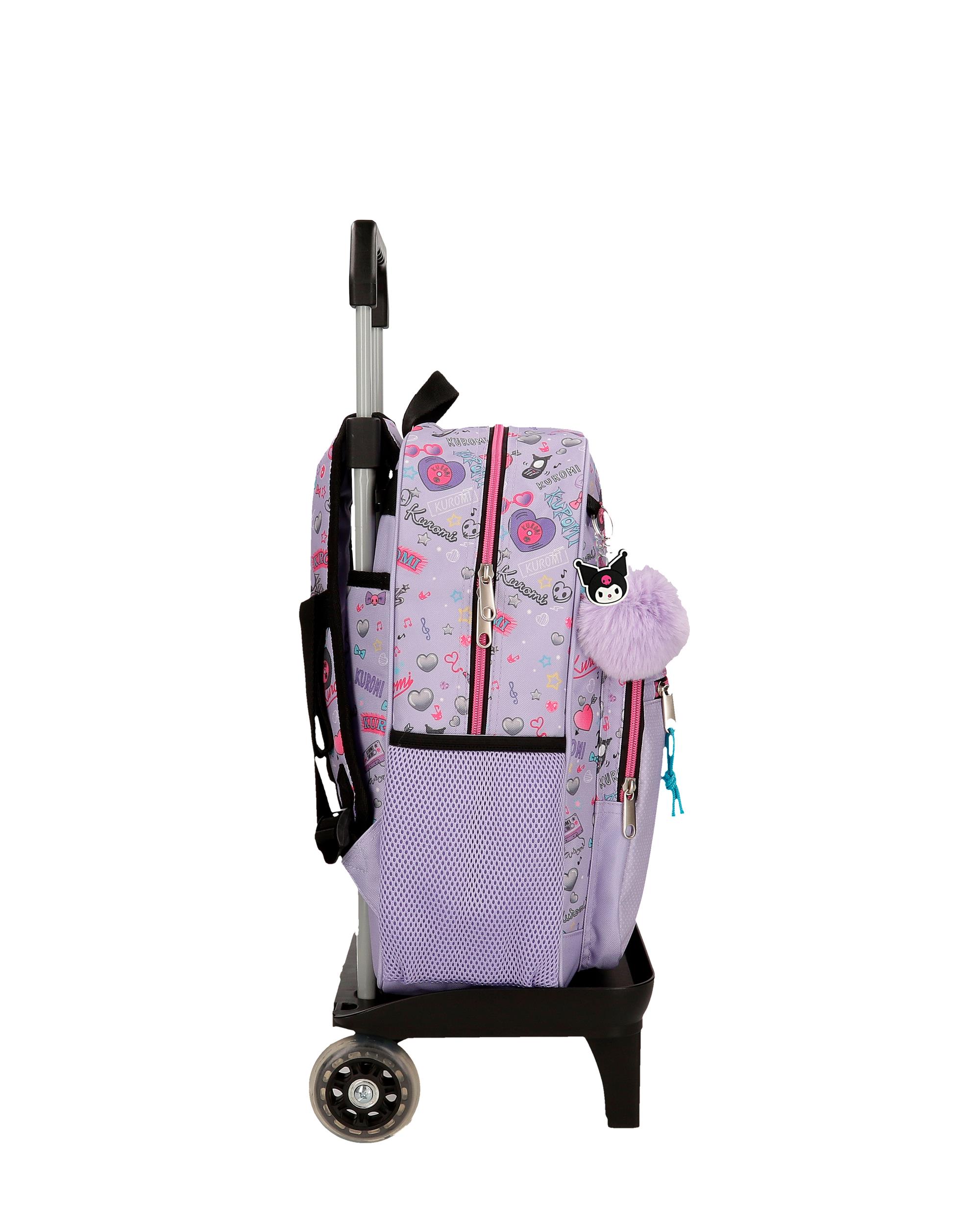 Mochila Escolar Kuromi Retropop com Capacidade de 13,68l com Carro em Roxo Roxo-2