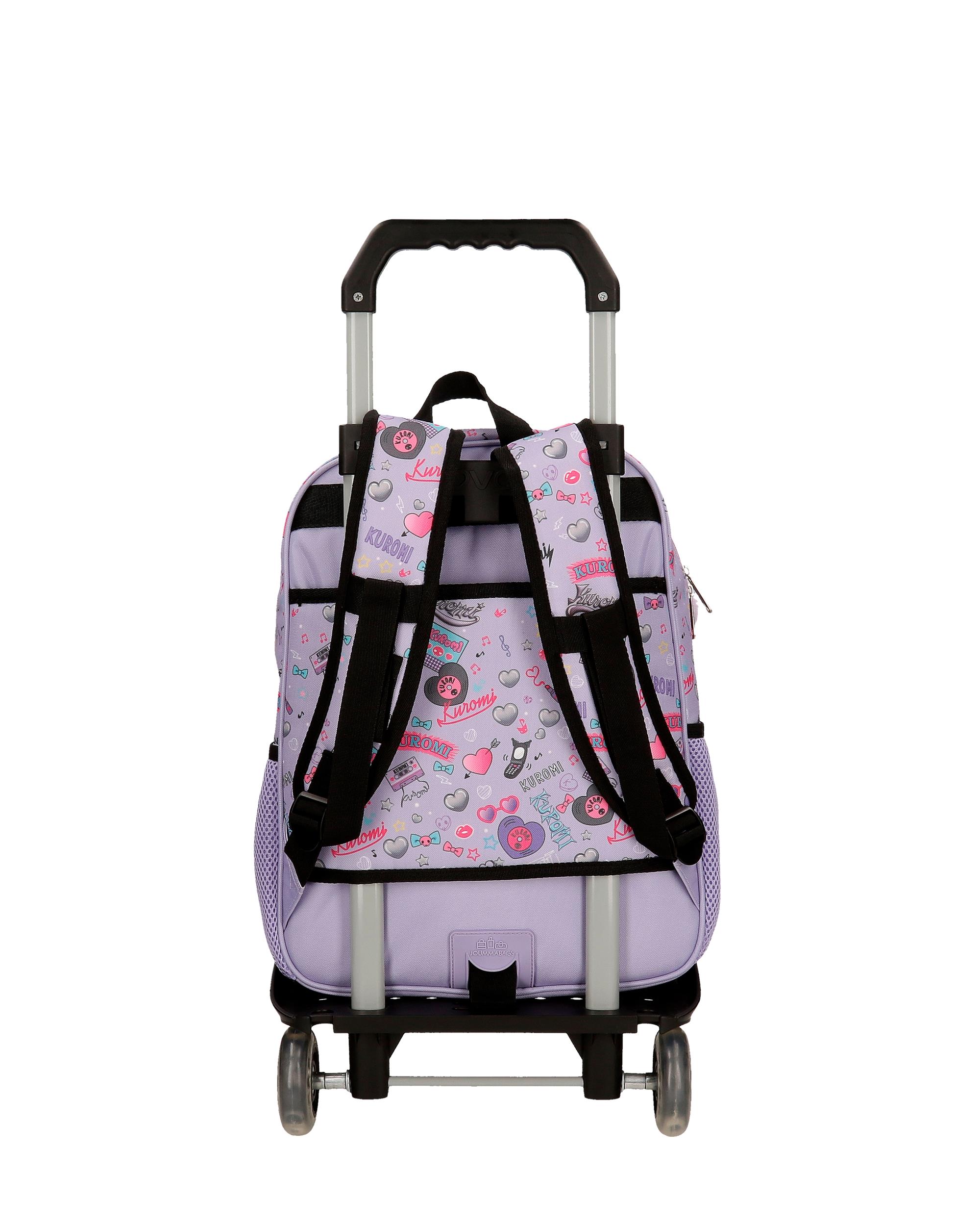 Mochila Escolar Kuromi Retropop com Capacidade de 13,68l com Carro em Roxo Roxo-3