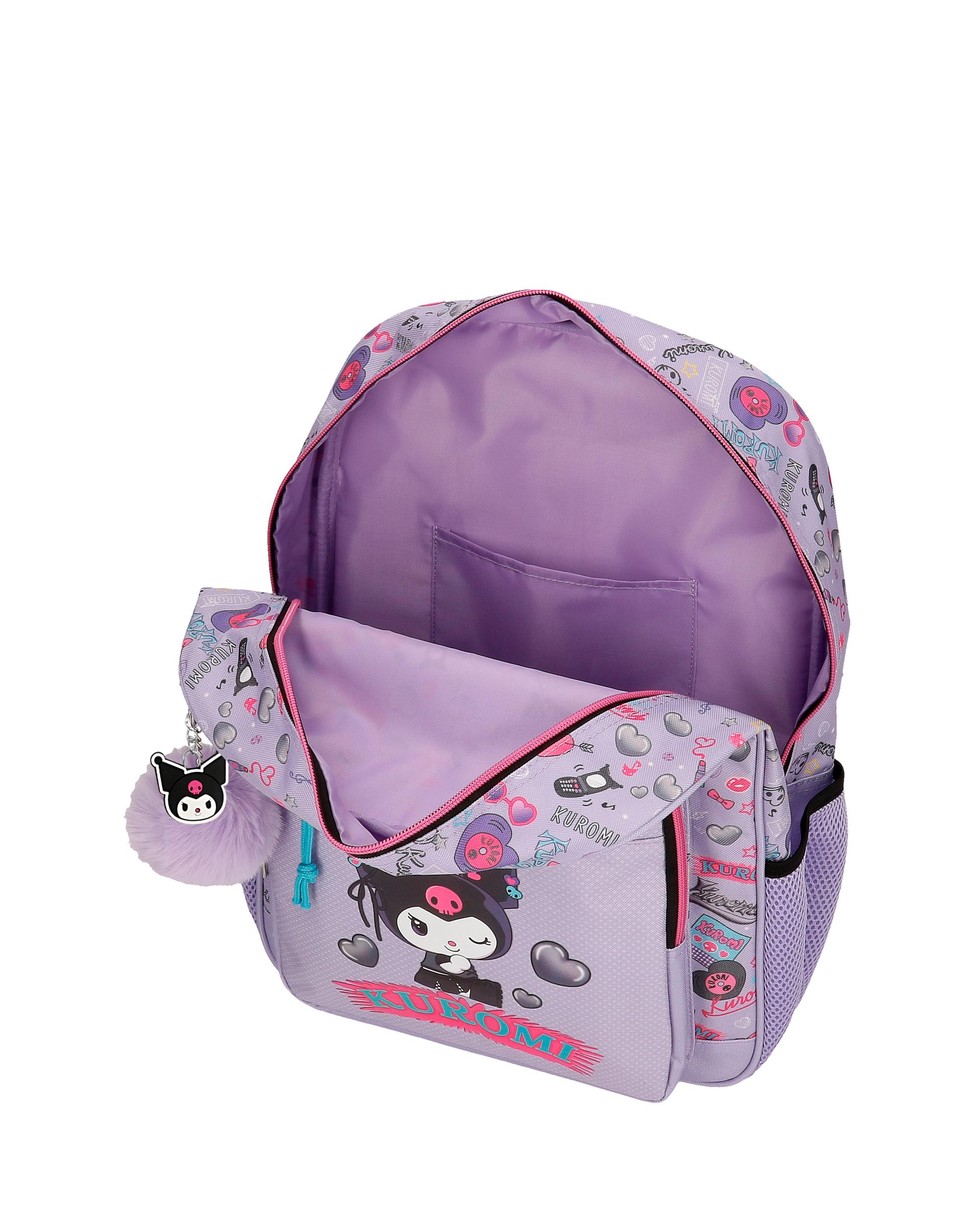 Mochila Escolar Kuromi Retropop com Capacidade de 13,68l com Carro em Roxo Roxo-4