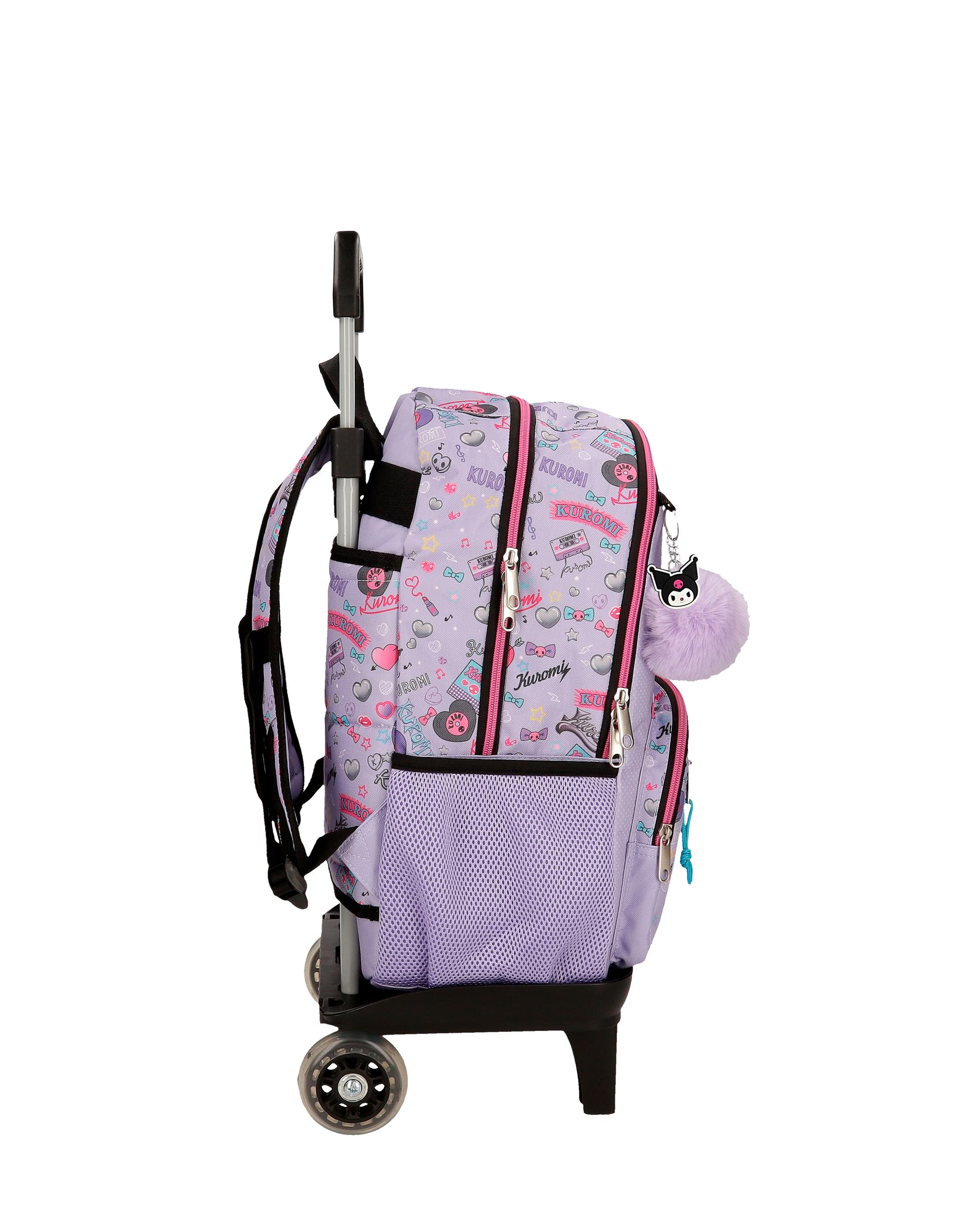 Mochila Escolar de Compartimento Duplo Kuromi Retropop com Capacidade de 24l com Carro Roxo Roxo-2