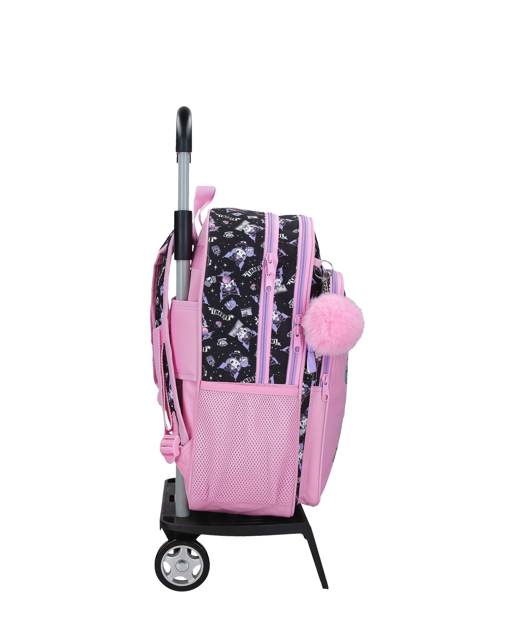 Mochila Escolar de Dois Compartimentos Kuromi Fortune Telling com Capacidade de 15,6l com Carro Rosa Rosa-2