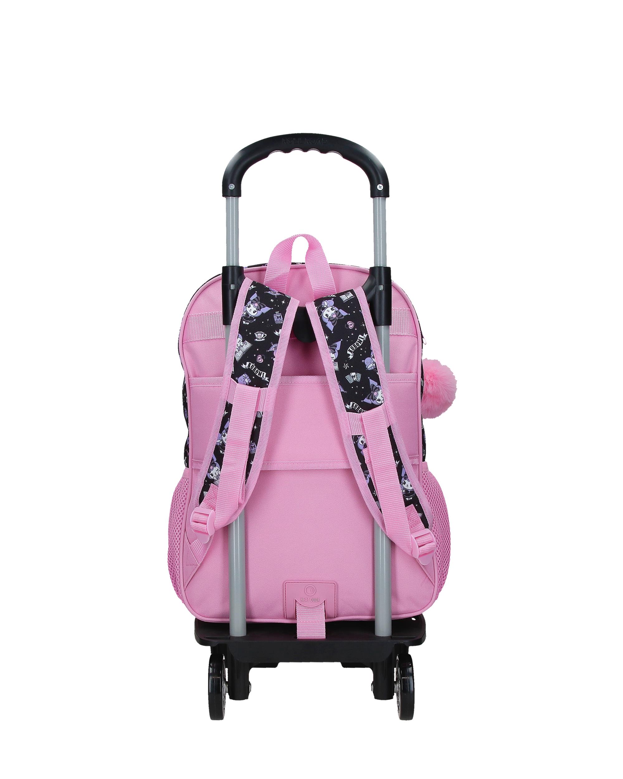 Mochila Escolar de Dois Compartimentos Kuromi Fortune Telling com Capacidade de 15,6l com Carro Rosa Rosa-3