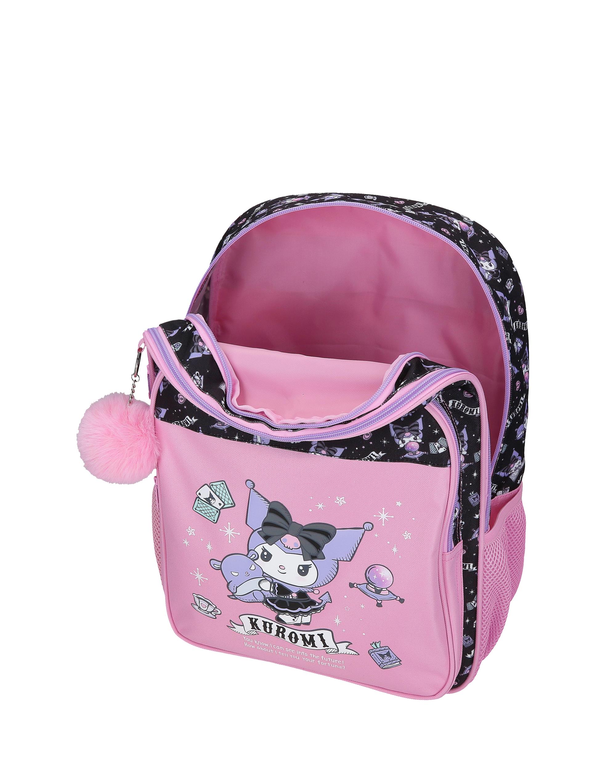 Mochila Escolar de Dois Compartimentos Kuromi Fortune Telling com Capacidade de 15,6l com Carro Rosa Rosa-4