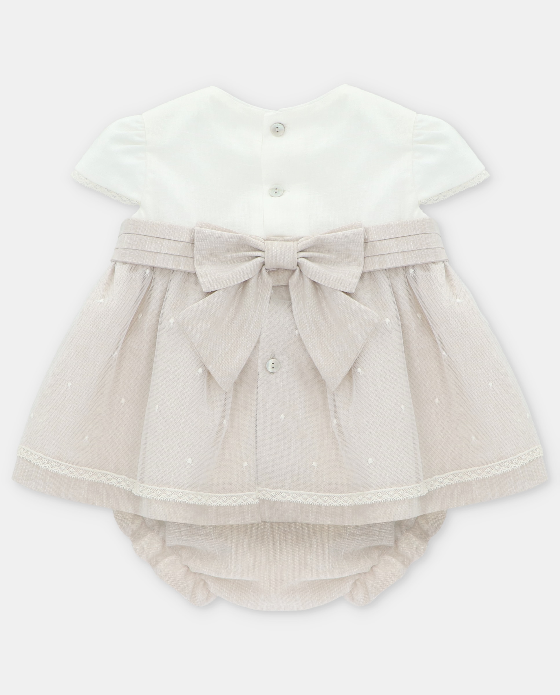 Conjunto para Bebé de Vestido em Tecido e Tule Bordado com Cueca Martín Aranda Castanho-claro-2