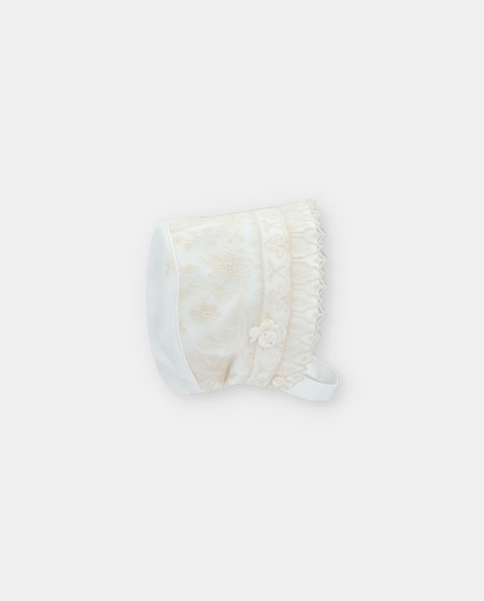 Chapéu para Bebé de Tecido e Tule Bordado Natural-1