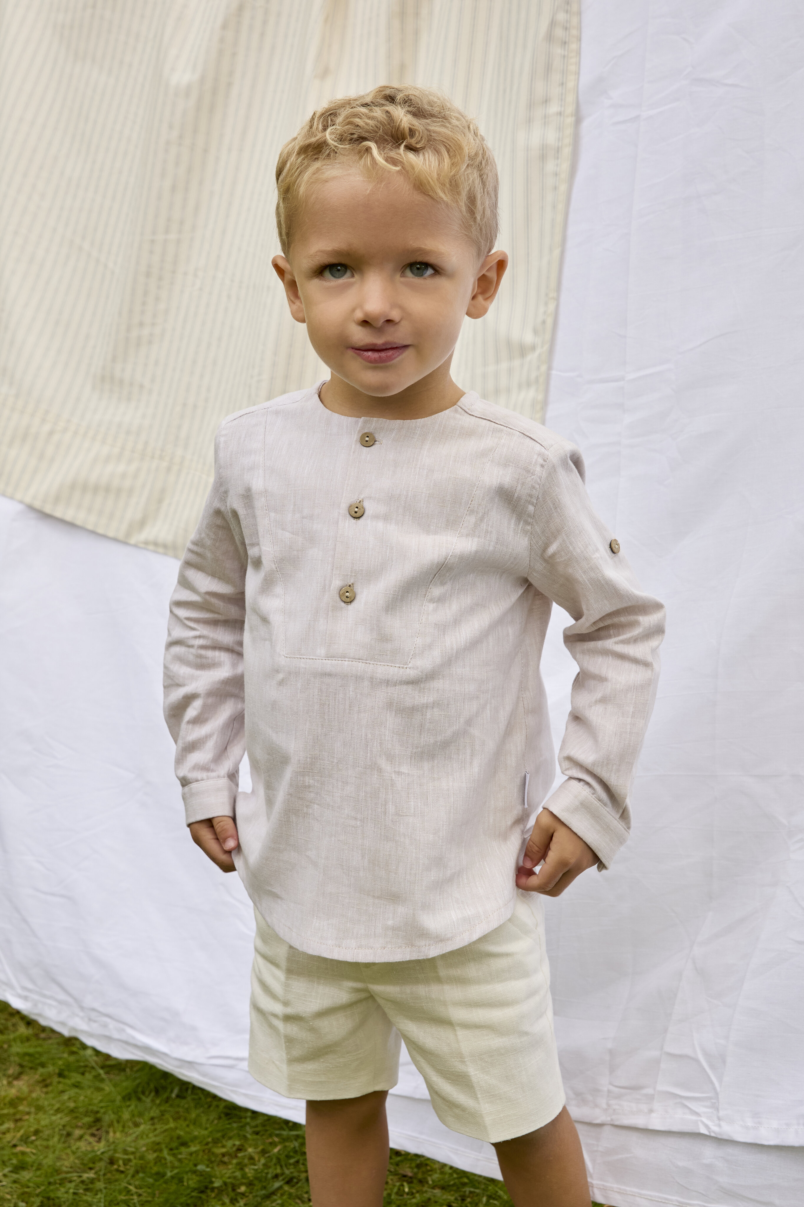 Conjunto Infantil de Camisa de Algodão e Calças de Linho Martín Aranda Castanho-claro-5